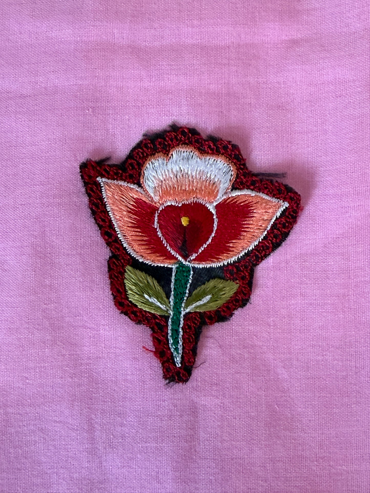 Peach n red flower and leaf embroidered patch