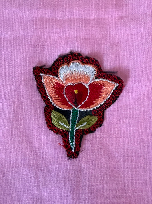 Peach n red flower and leaf embroidered patch