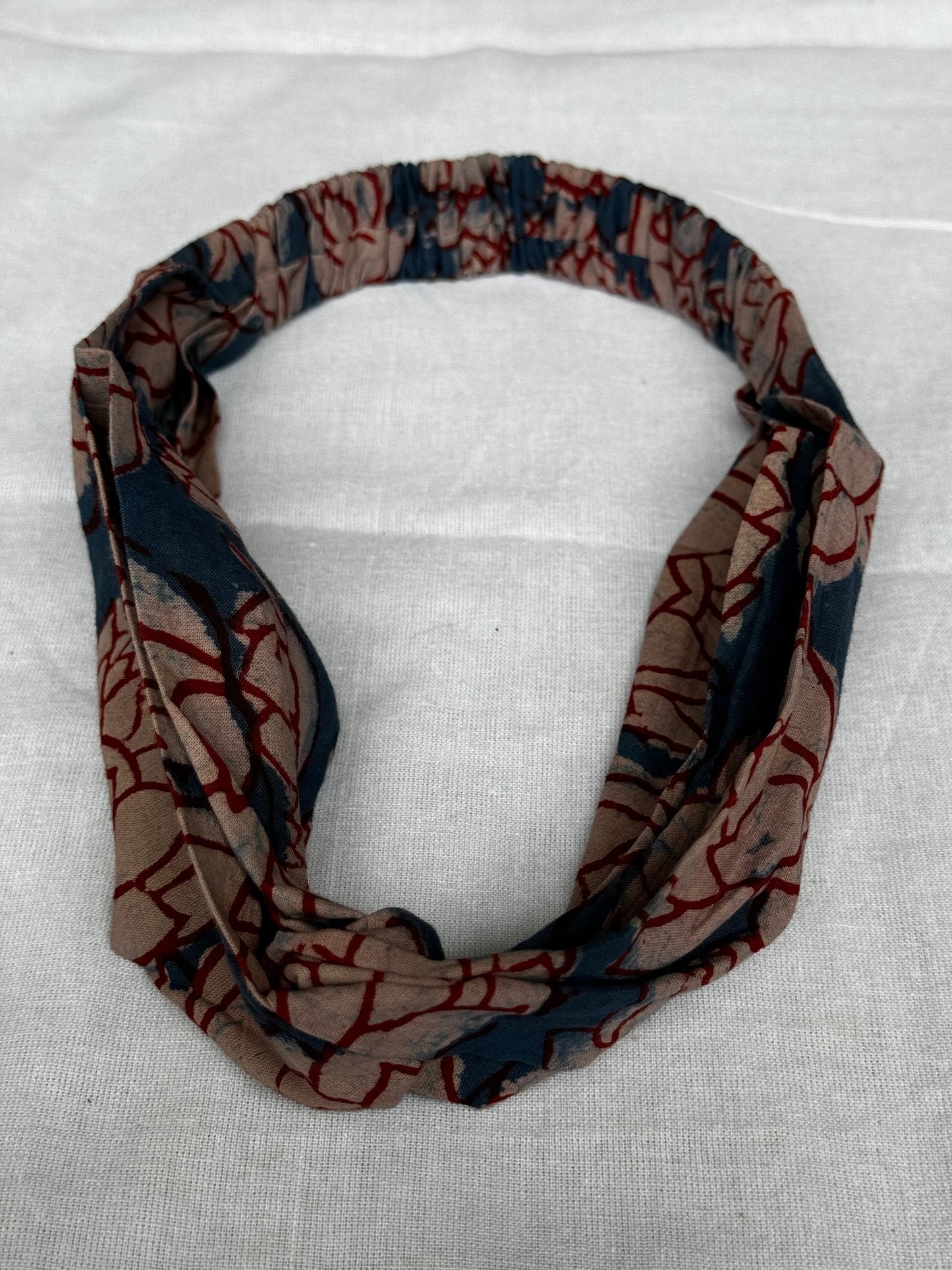 Cross Hair band with elastic in natural dyed, hand block printed cotton