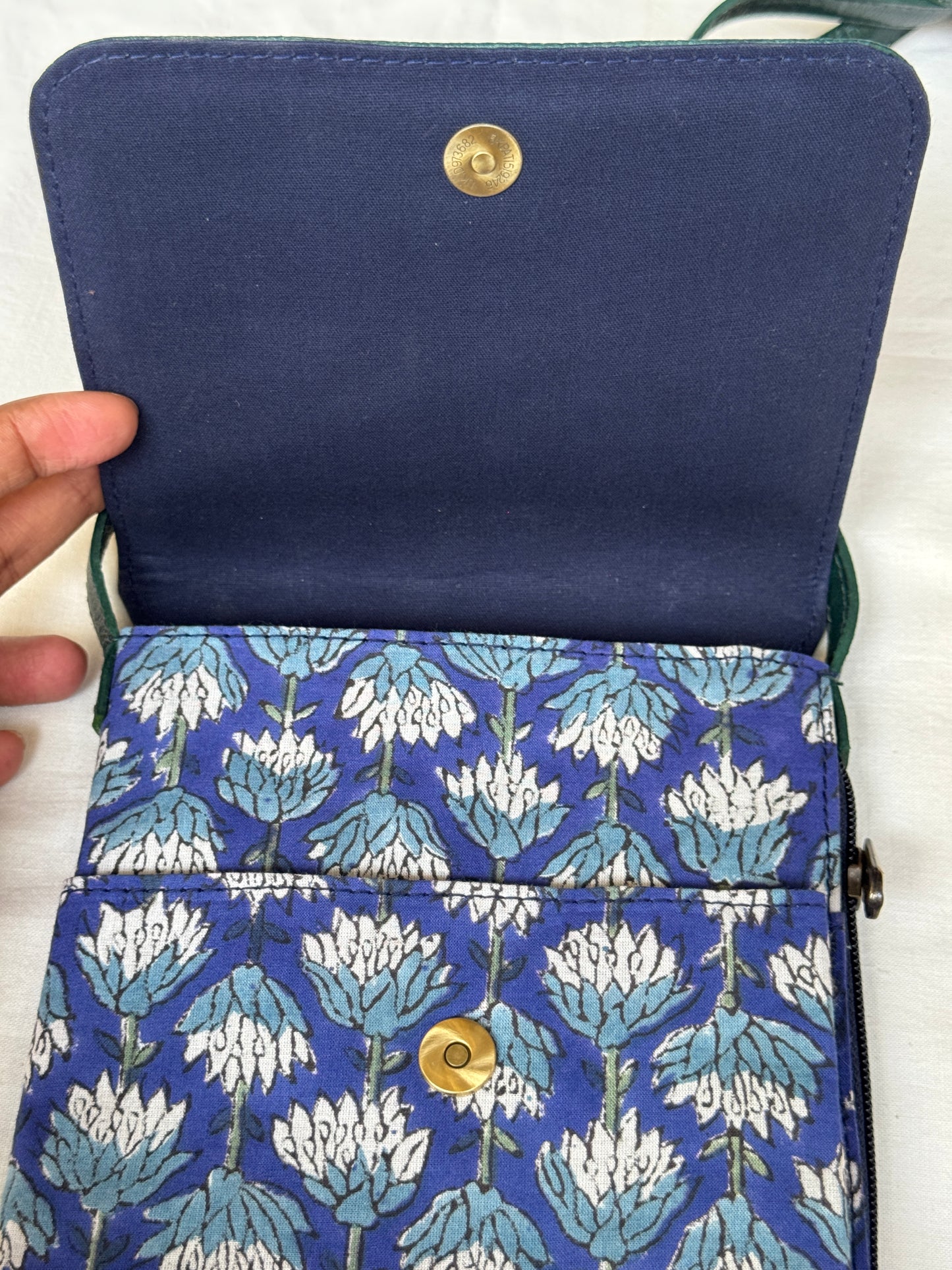 Mobile phone fabric sling with embossed leather flap - carry your essentials