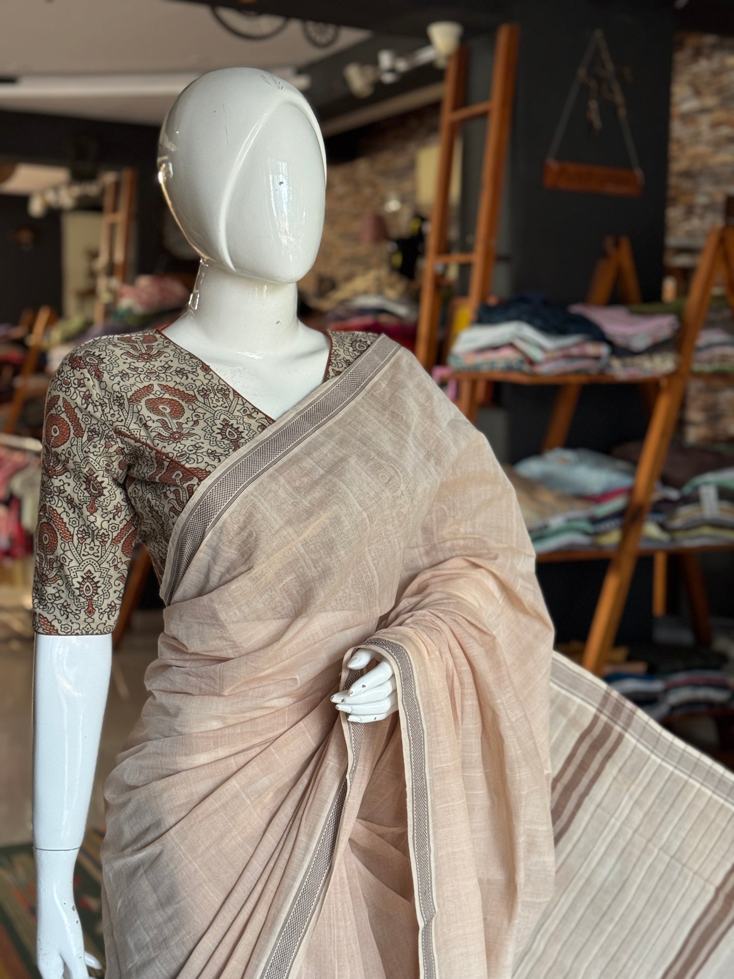 Beige brown soft handloom cotton saree with thread border