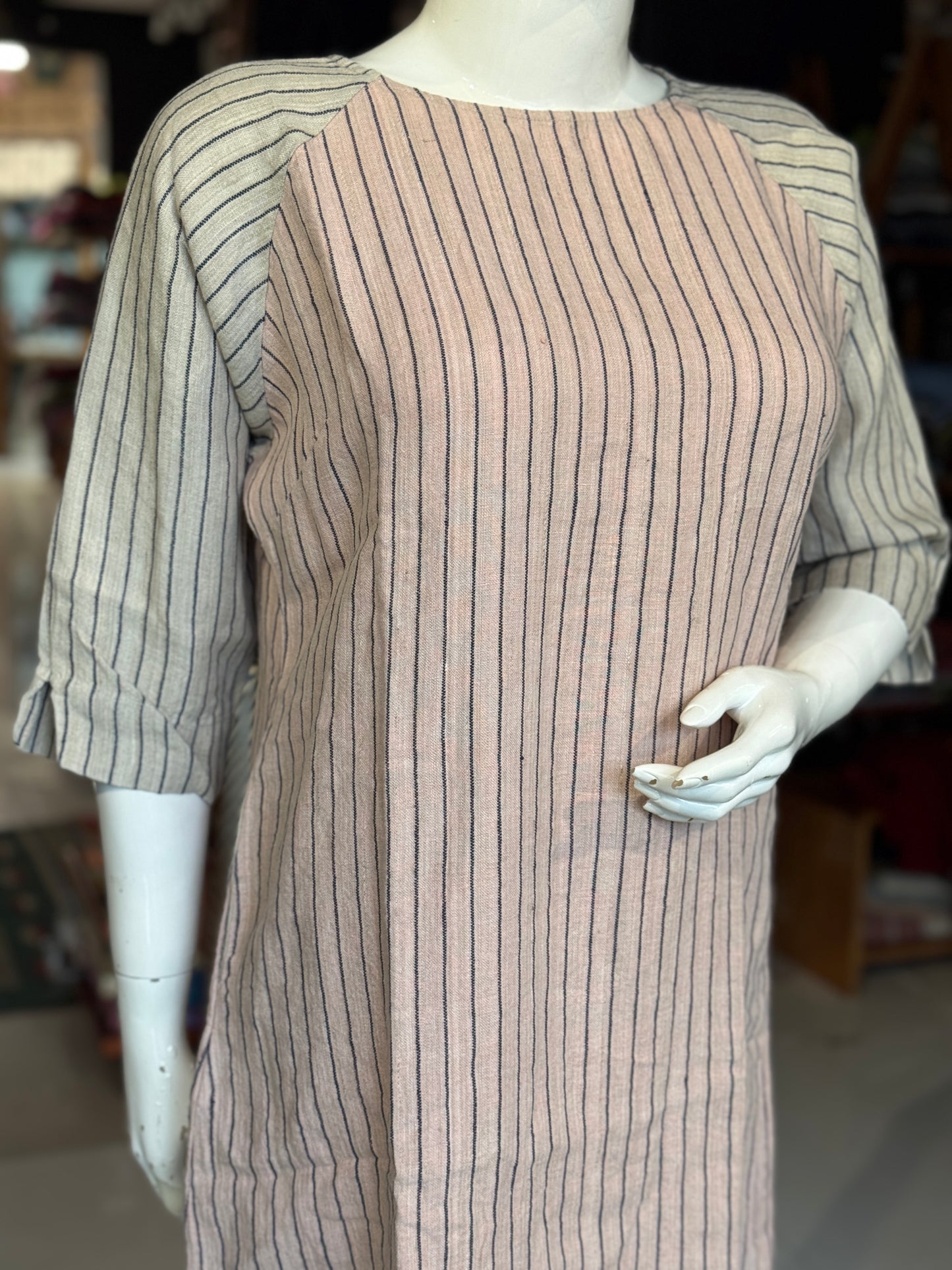 Pink n beige stripes linen hand woven dress with raglan sleeves