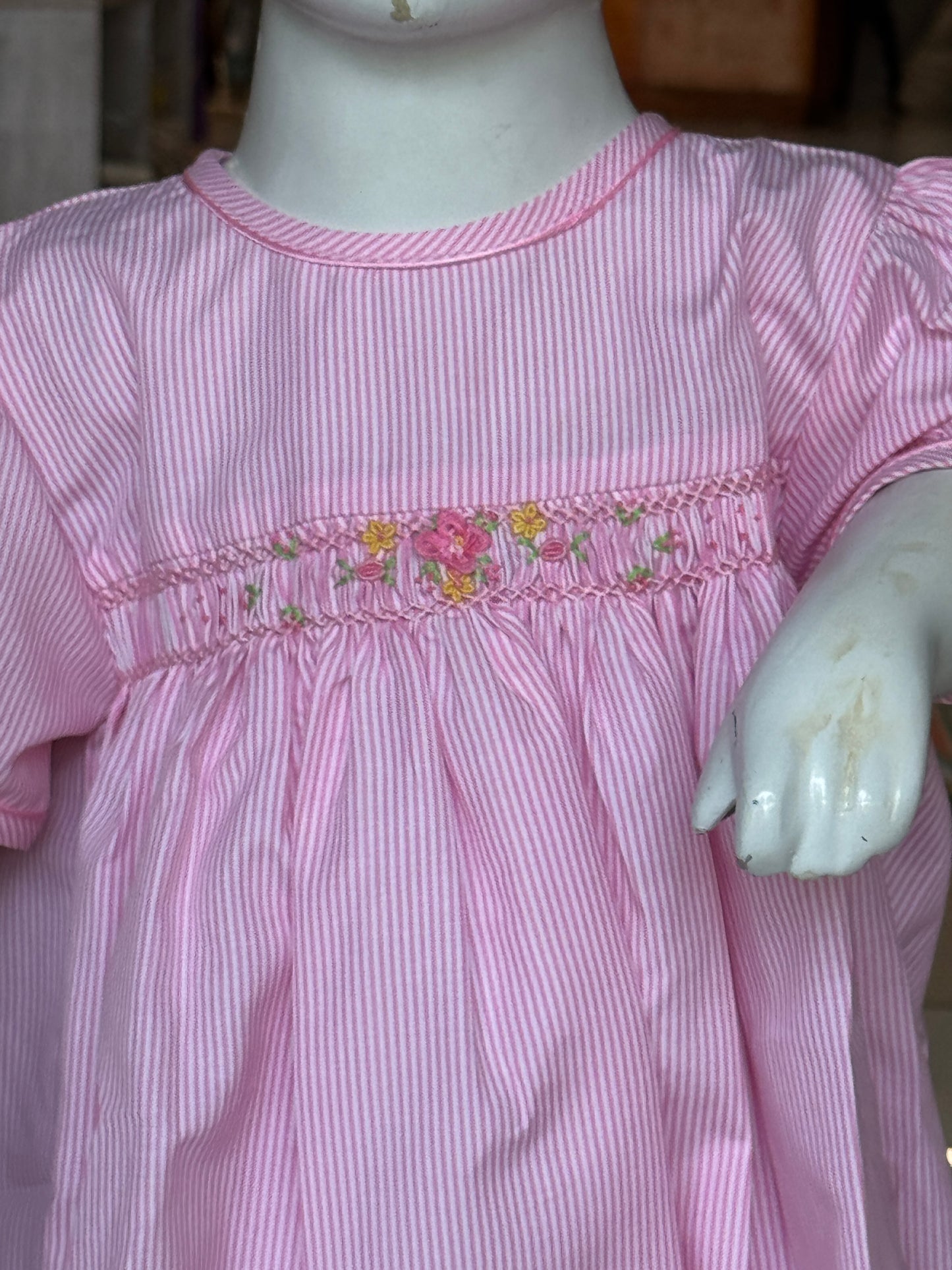 Pink stripes hand embroidered smocking cotton frock for girls