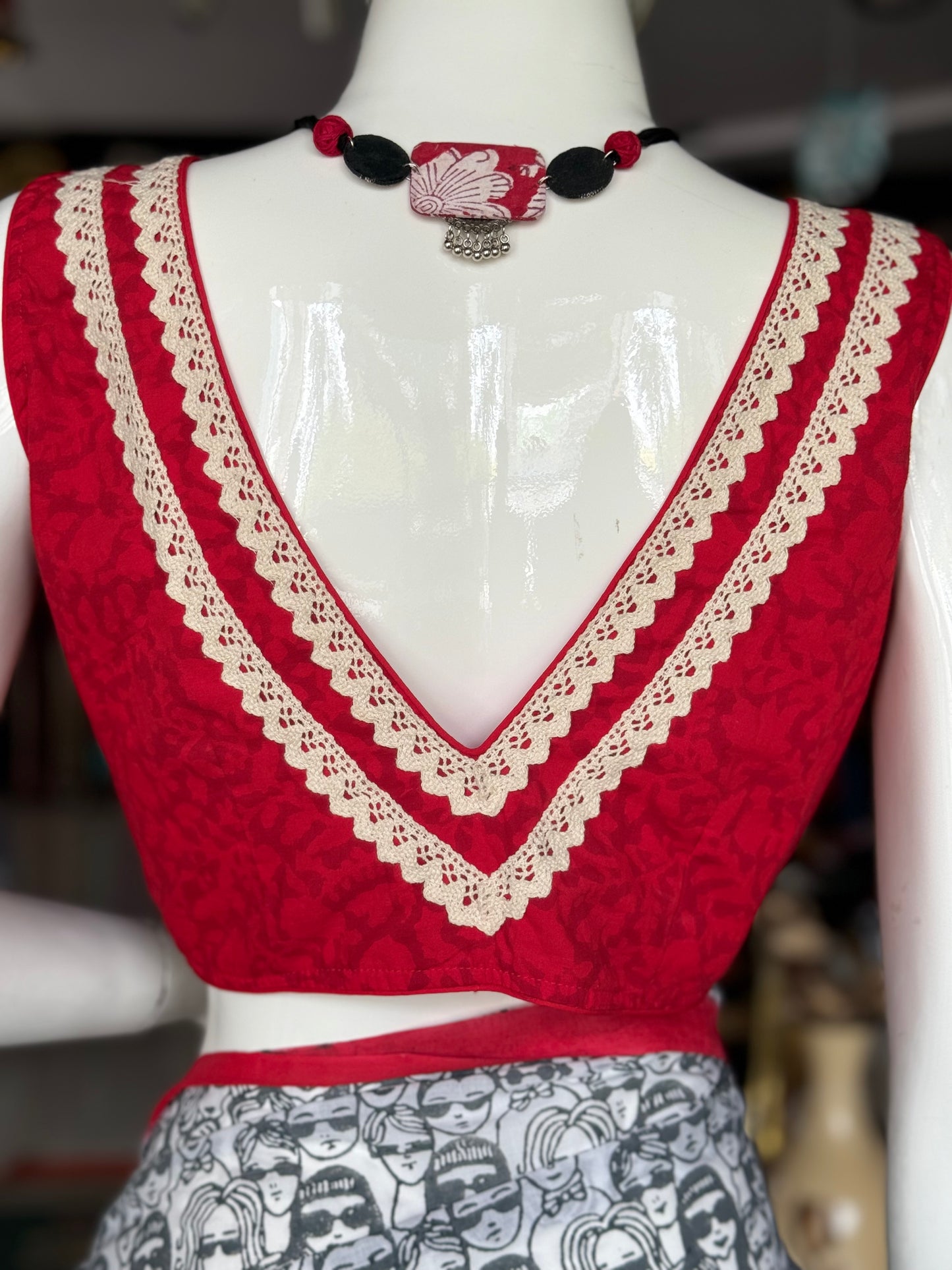 Red cotton front open blouse with lace detailing