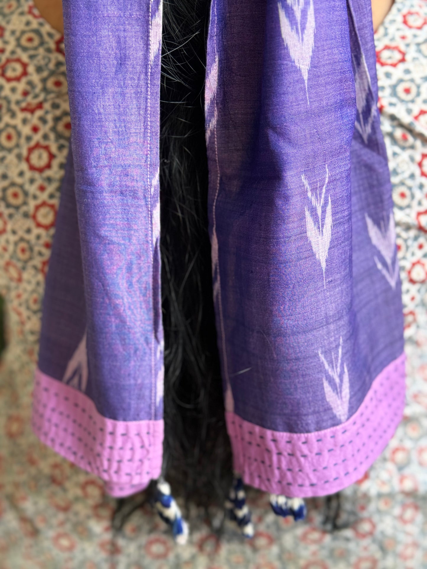 Lavender and pink arrow design cotton handloom ikat hair tie / narrow stole