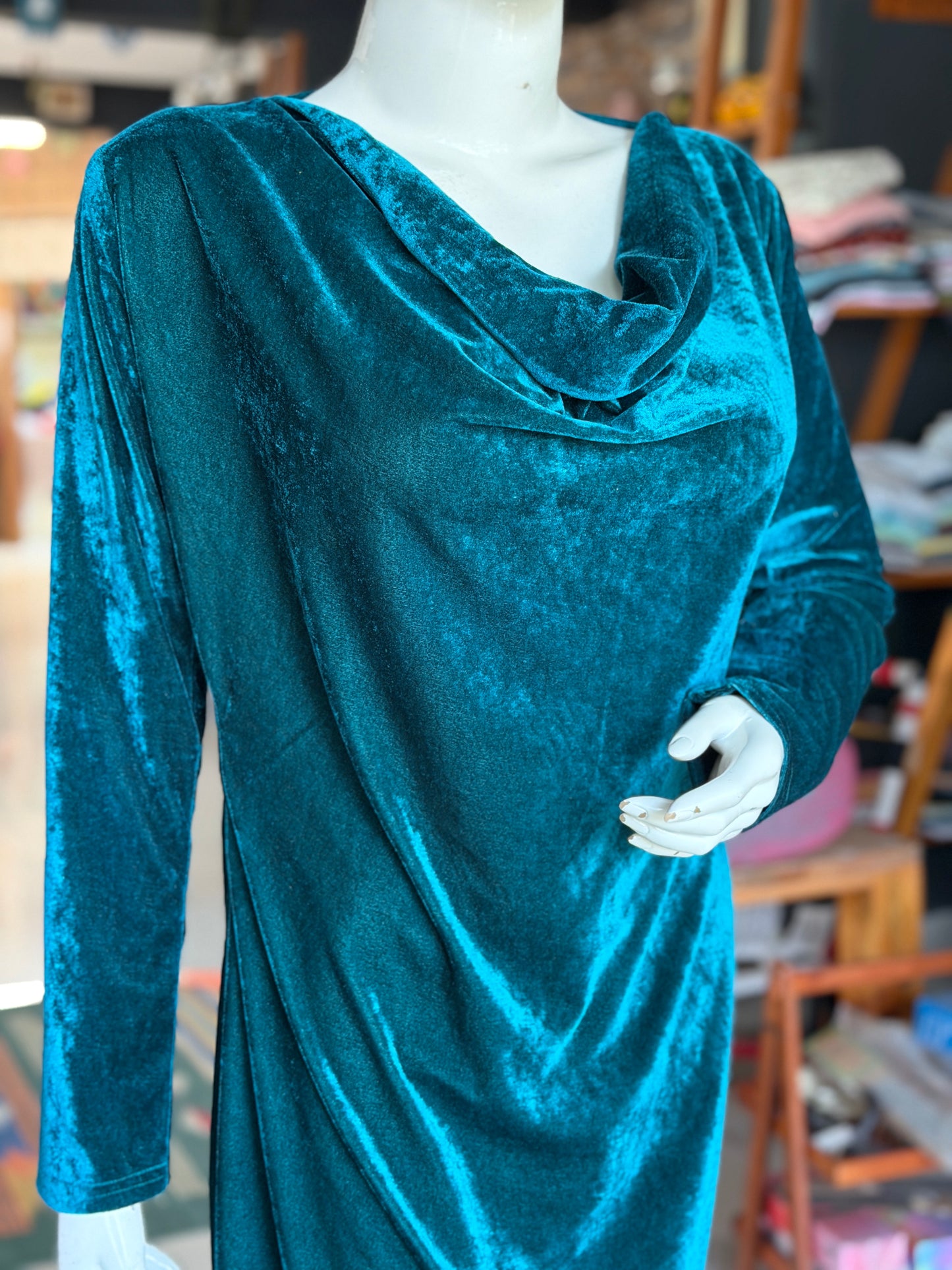 Green velvet cowl neck dress