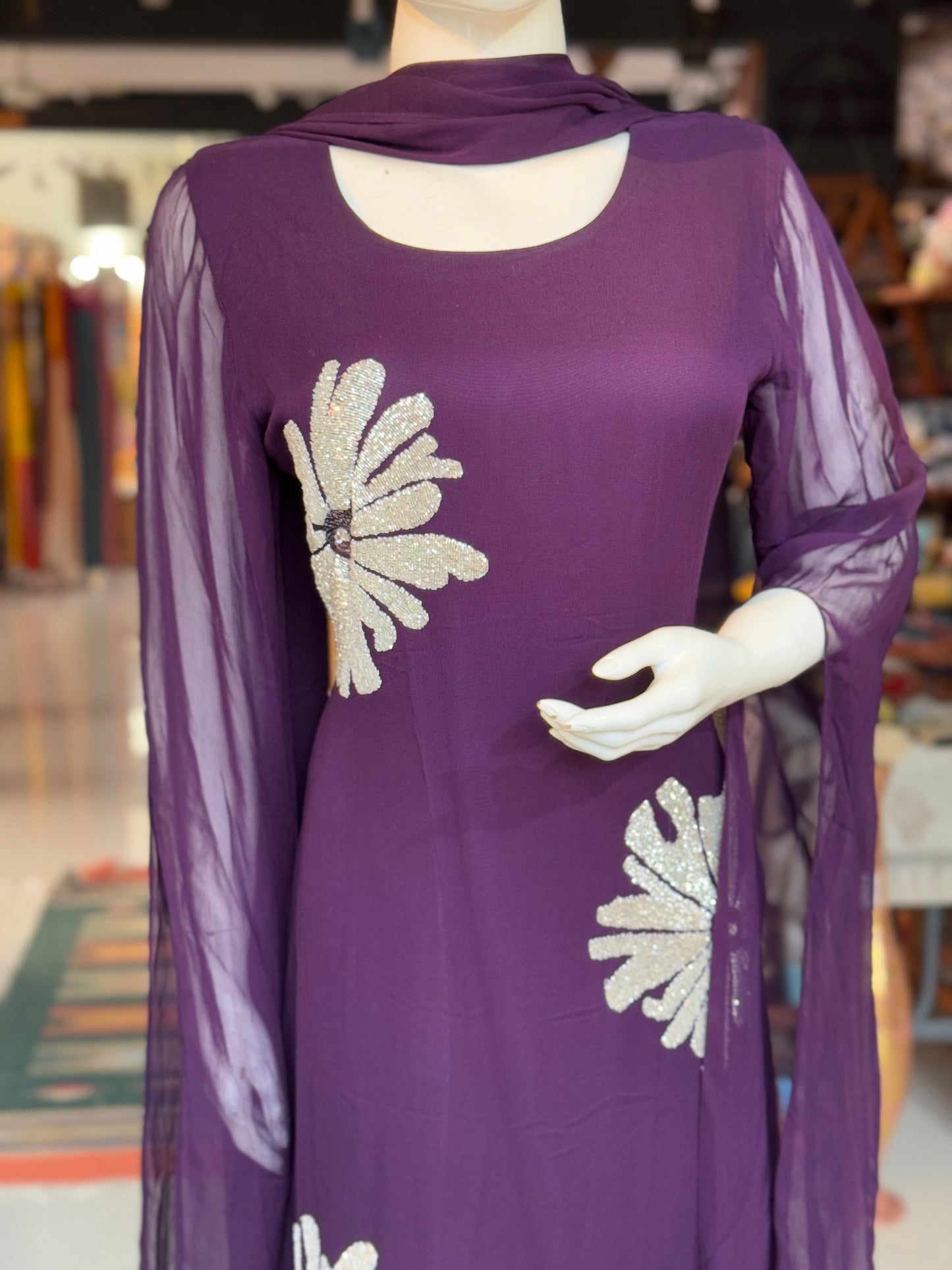 Purple cut dana embroidered Georgette long dress with cape sleeves and stole - party outfit