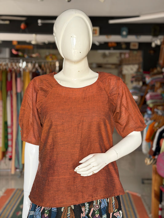 Brown soft mul handwoven cotton top with gathers near neck line
