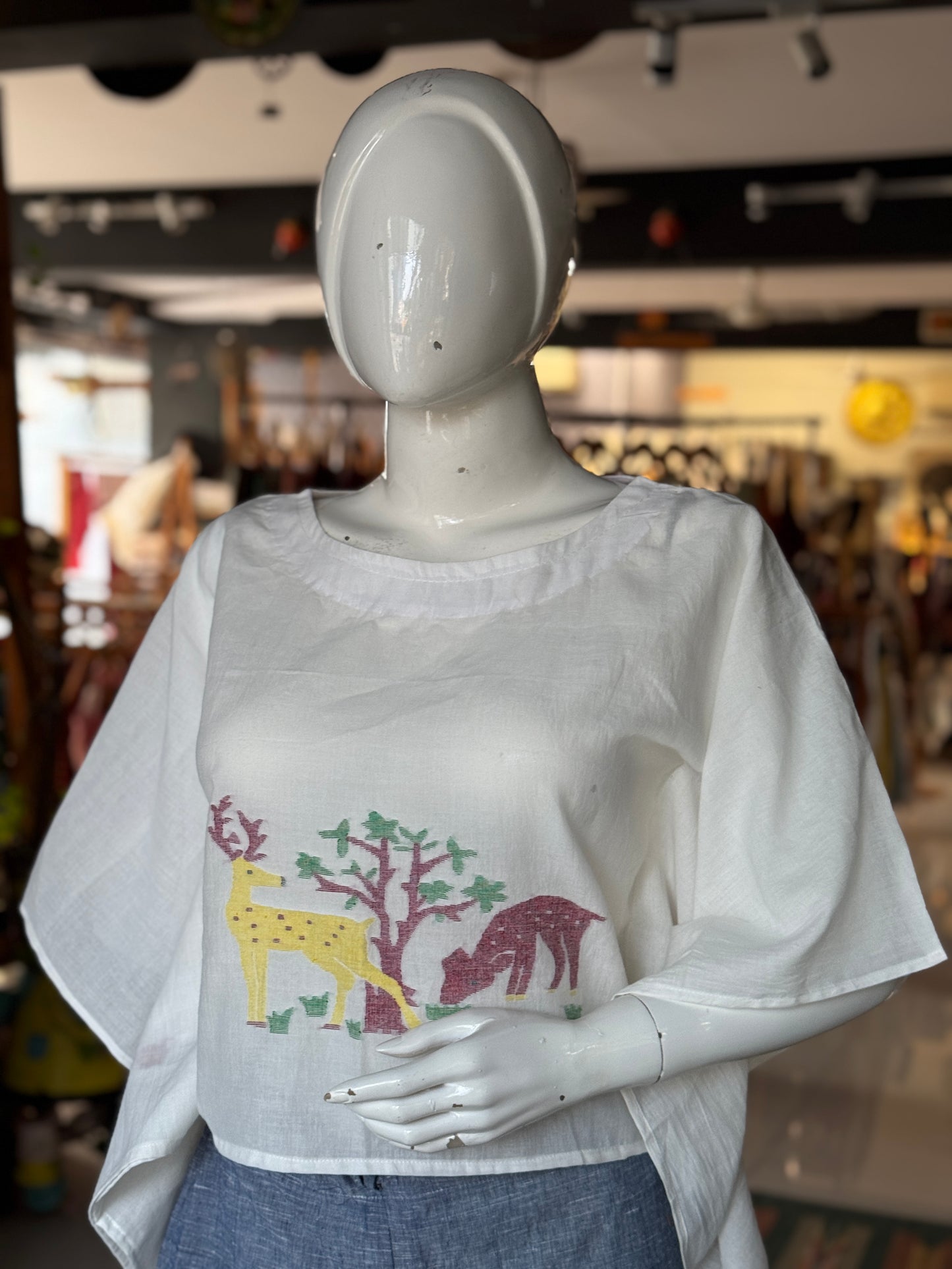 Deer grazing white Jamdani cotton handloom kaftan top