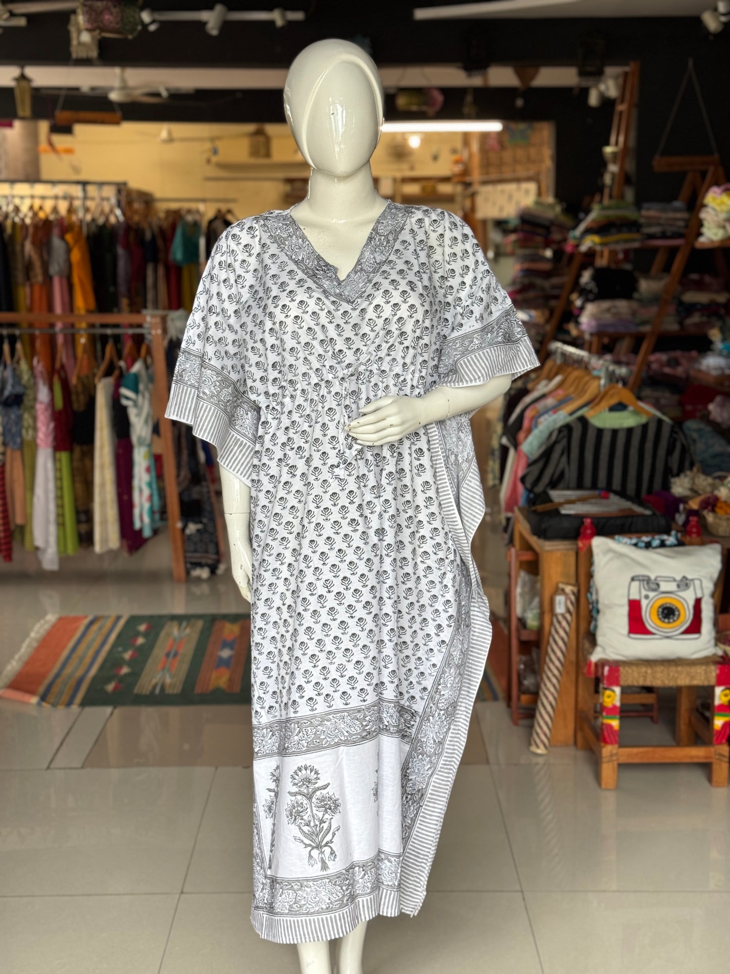 Kaftan nighty in hand block printed cotton with 3 sides borders - free size - print options available - lounge wear / night wear