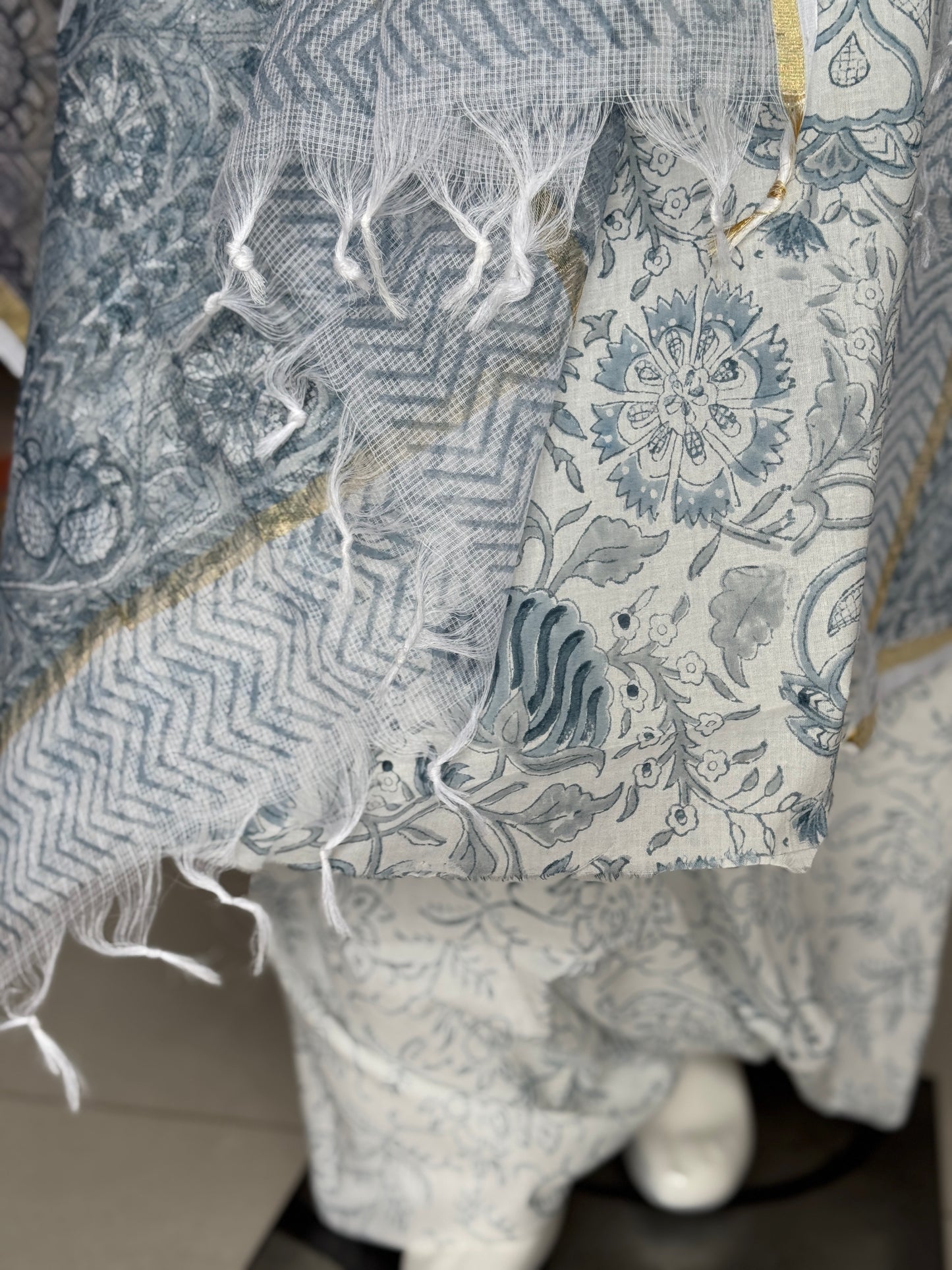 White n blue hand block printed cotton 3 piece unstitched suit set with kota doria dupatta