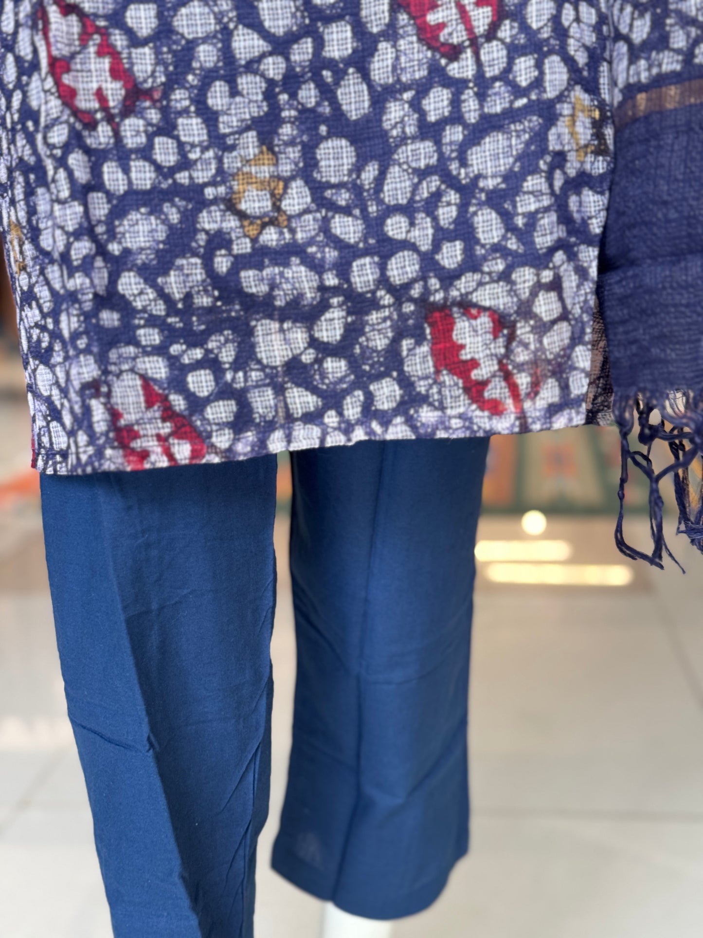 Blue batik hand block printed kota cotton straight kurti, pants and dupatta set - with hand embroidery