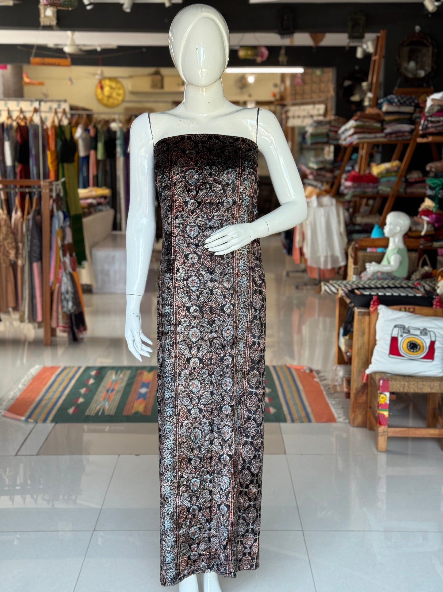Velvet kurti fabric with Ajrakh hand block prints