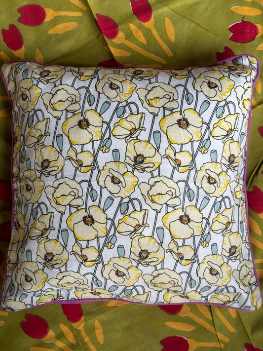 Yellow floral hand block printed 16x16 inch cotton cushion cover with purple back