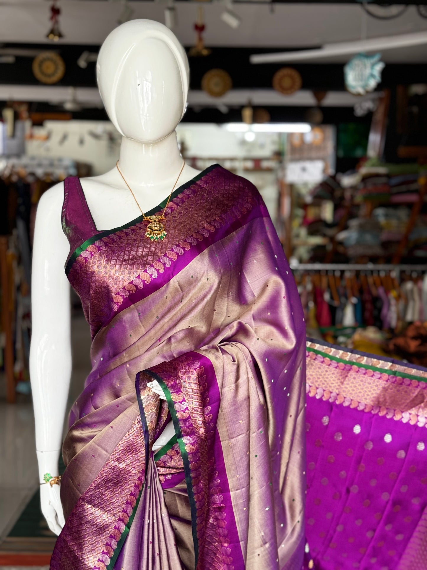 Purple and gold dual tone pure silk twill weave handwoven Gadwal saree with green selvedge