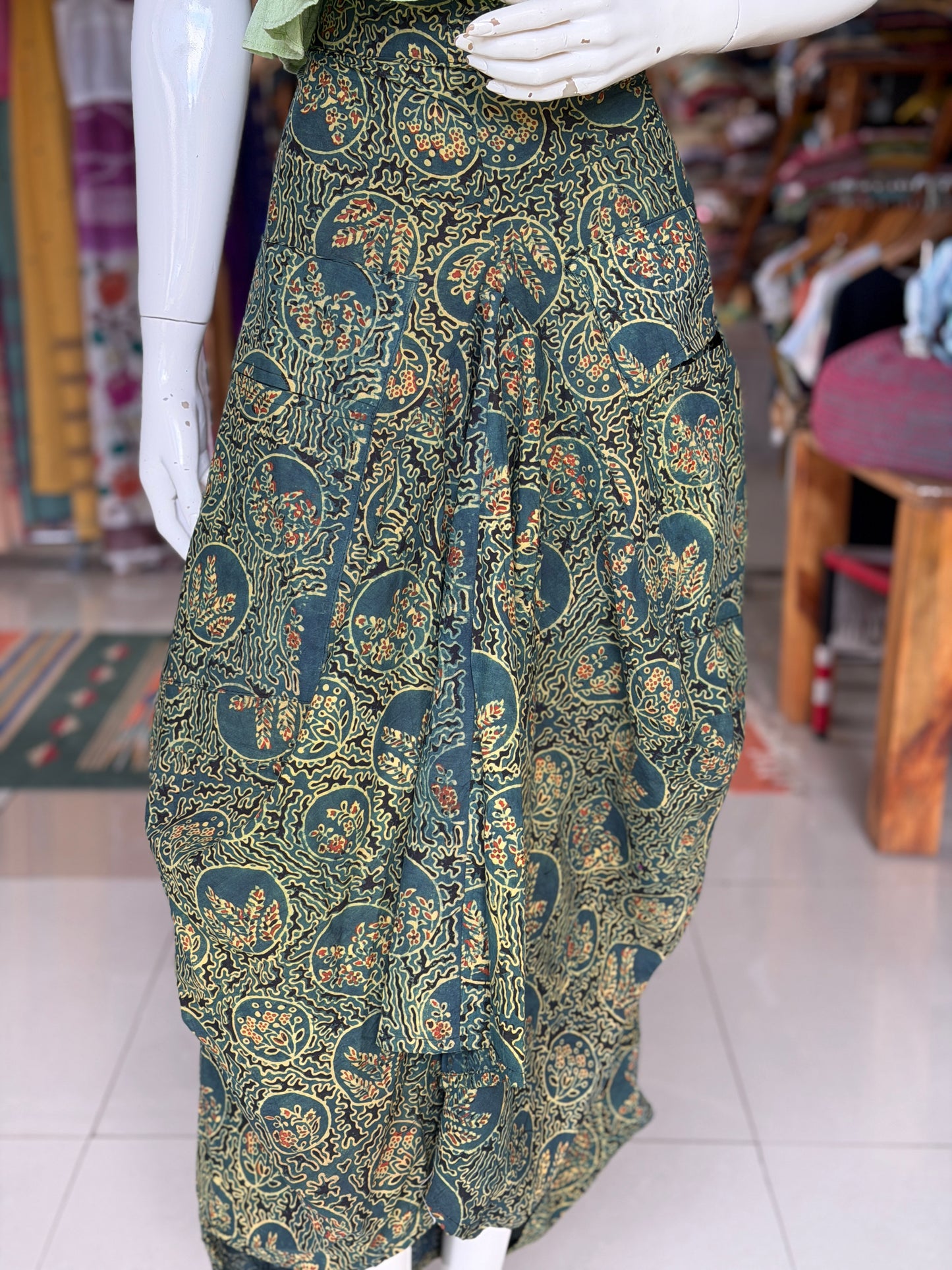 Green flowers Ajrakh natural dyed, hand block printed cotton designer skirt - with pockets