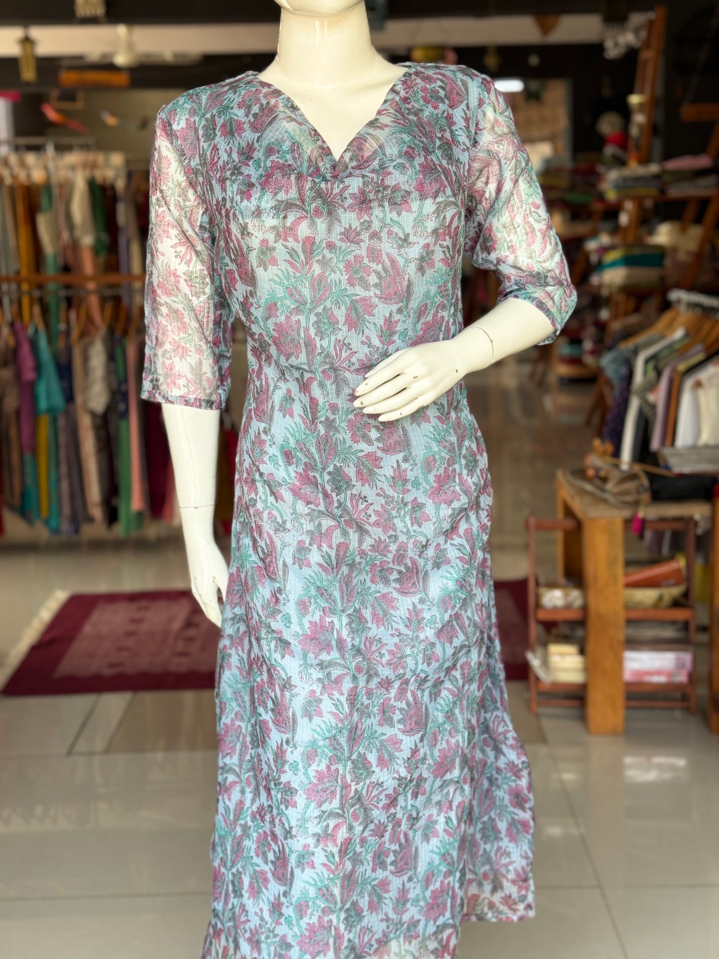 Pastel blue floral hand block printed easy breezy kota cotton dress with cowl neck