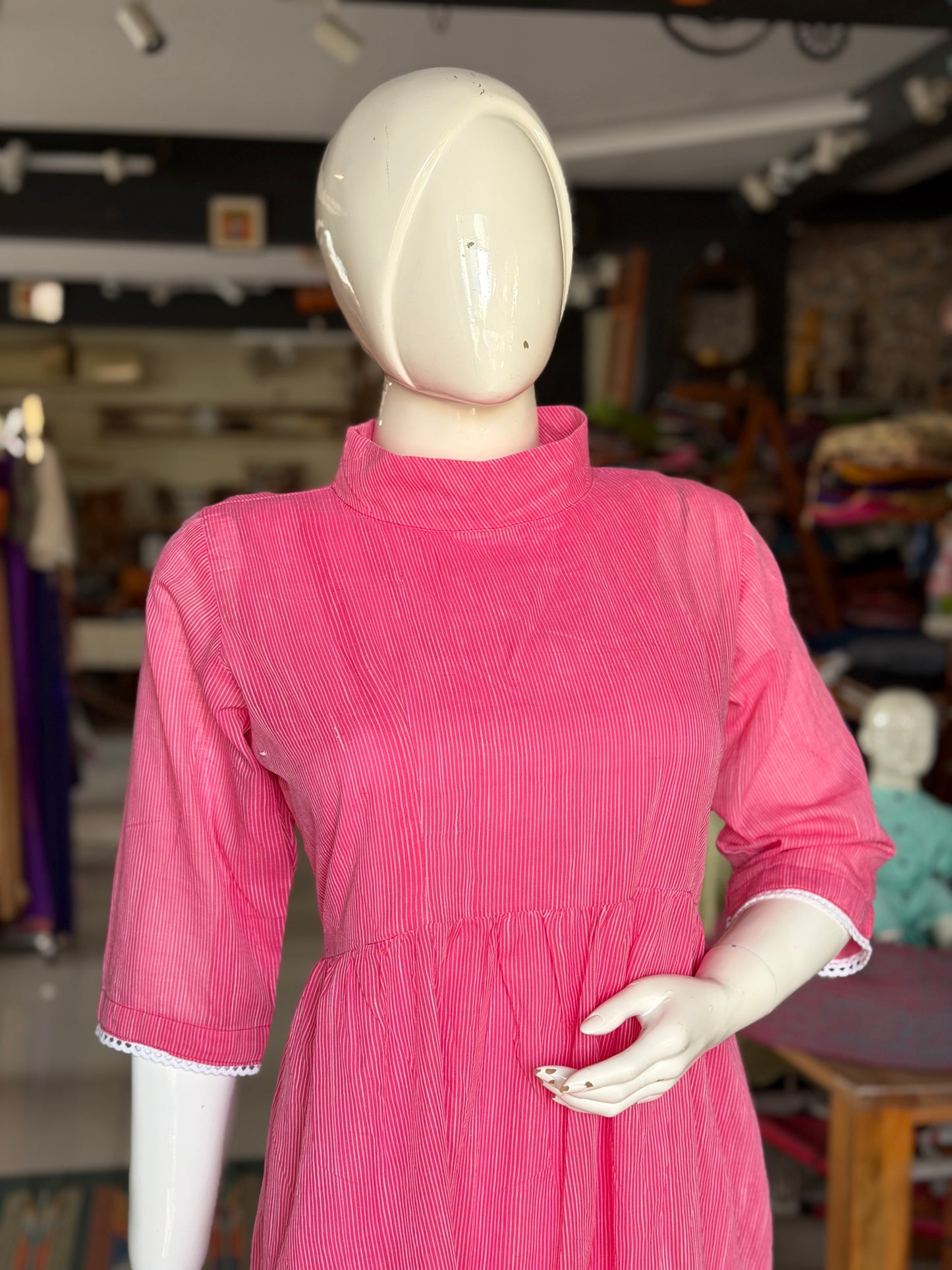 Pink with white stripes handloom cotton multi tiered dress with band collared neck