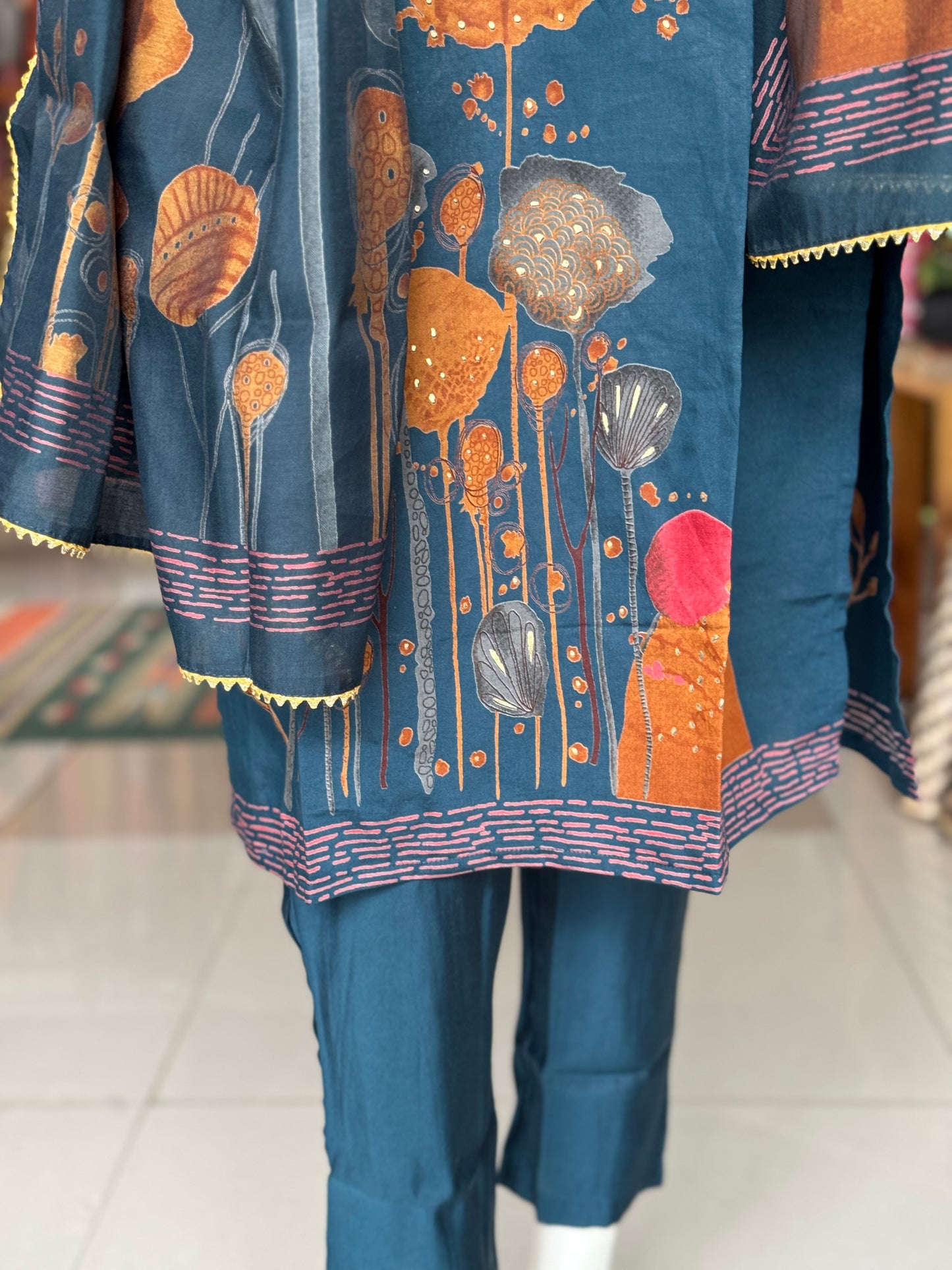 Teal blue panel printed floral modal suit set with matching straight pants and dupatta - 3 piece set