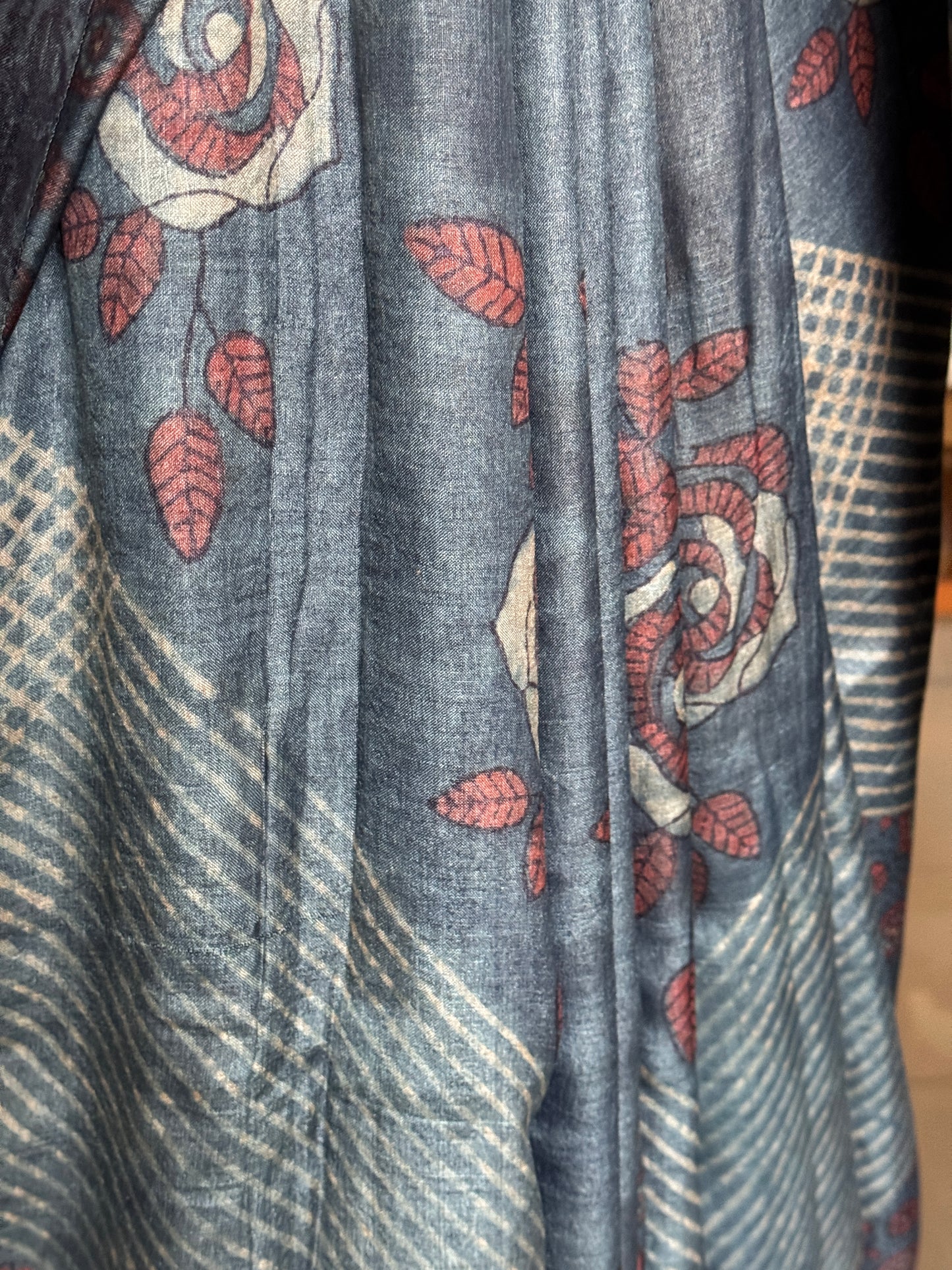 Indigo pure tussar silk handwoven saree with Ajrakh hand block prints