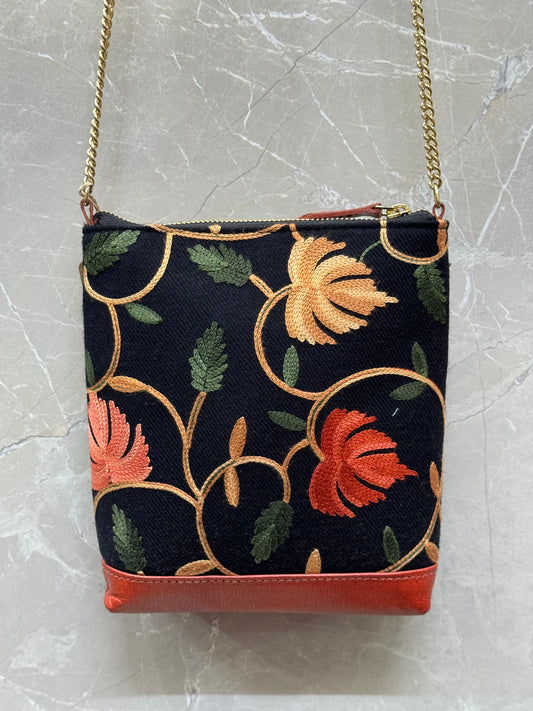 Black handcrafted leather base Kashmiri floral Aari embroidered sling bag