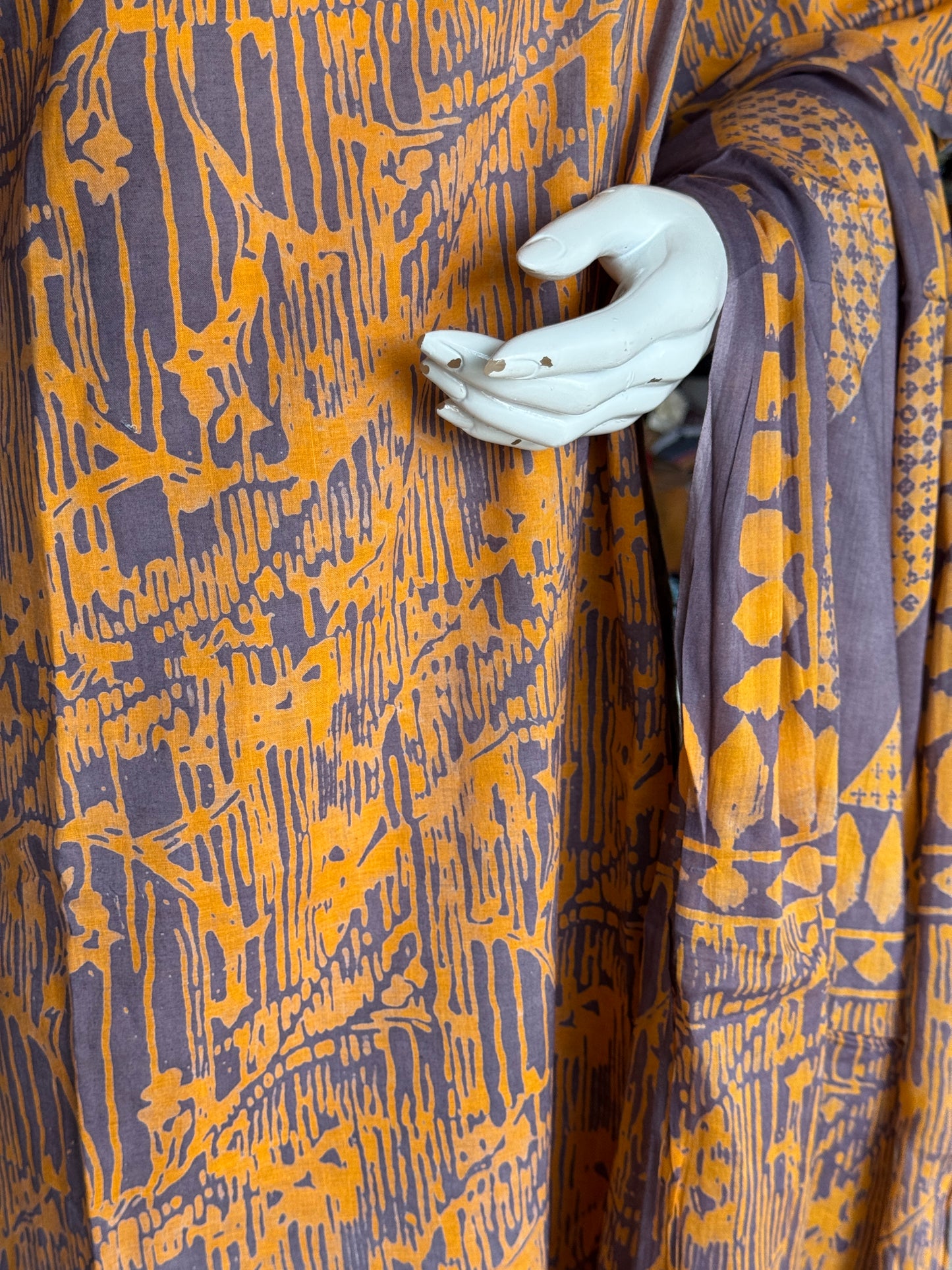 Lavender n orange pattern soft batik cotton A-line kurta, dupatta and pants -  3 piece suit set