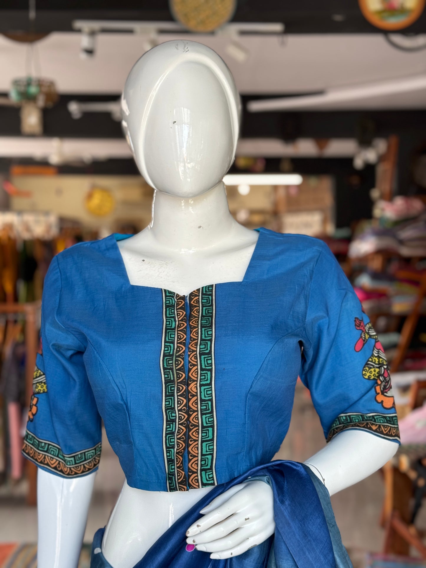 Blue Pen Kalamkari hand painted silk blouse with painting on back, sleeves