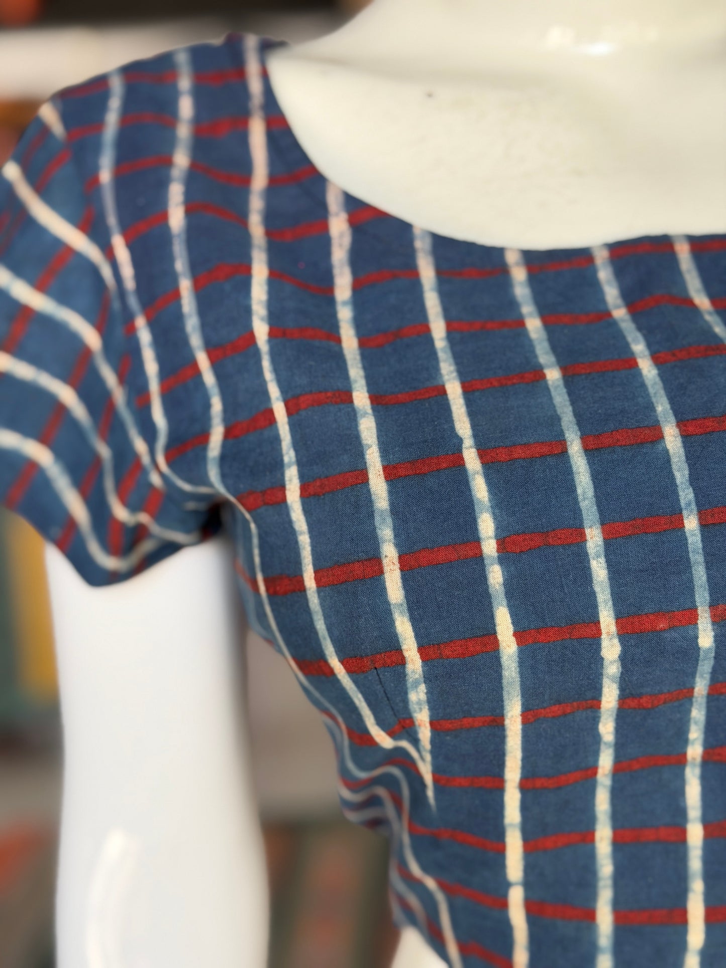 Indigo blue checks Ajrakh handblock printed, natural dyed cotton back open blouse