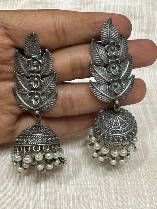 Leaves stud with decorated jhumka drops - earrings