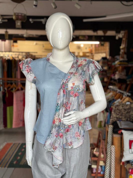 Light blue grey digital print floral half n half top