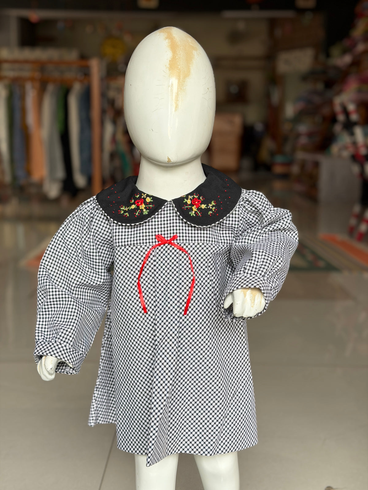 Black checks long sleeves cotton dress with hand embroidered Peter Pan collar