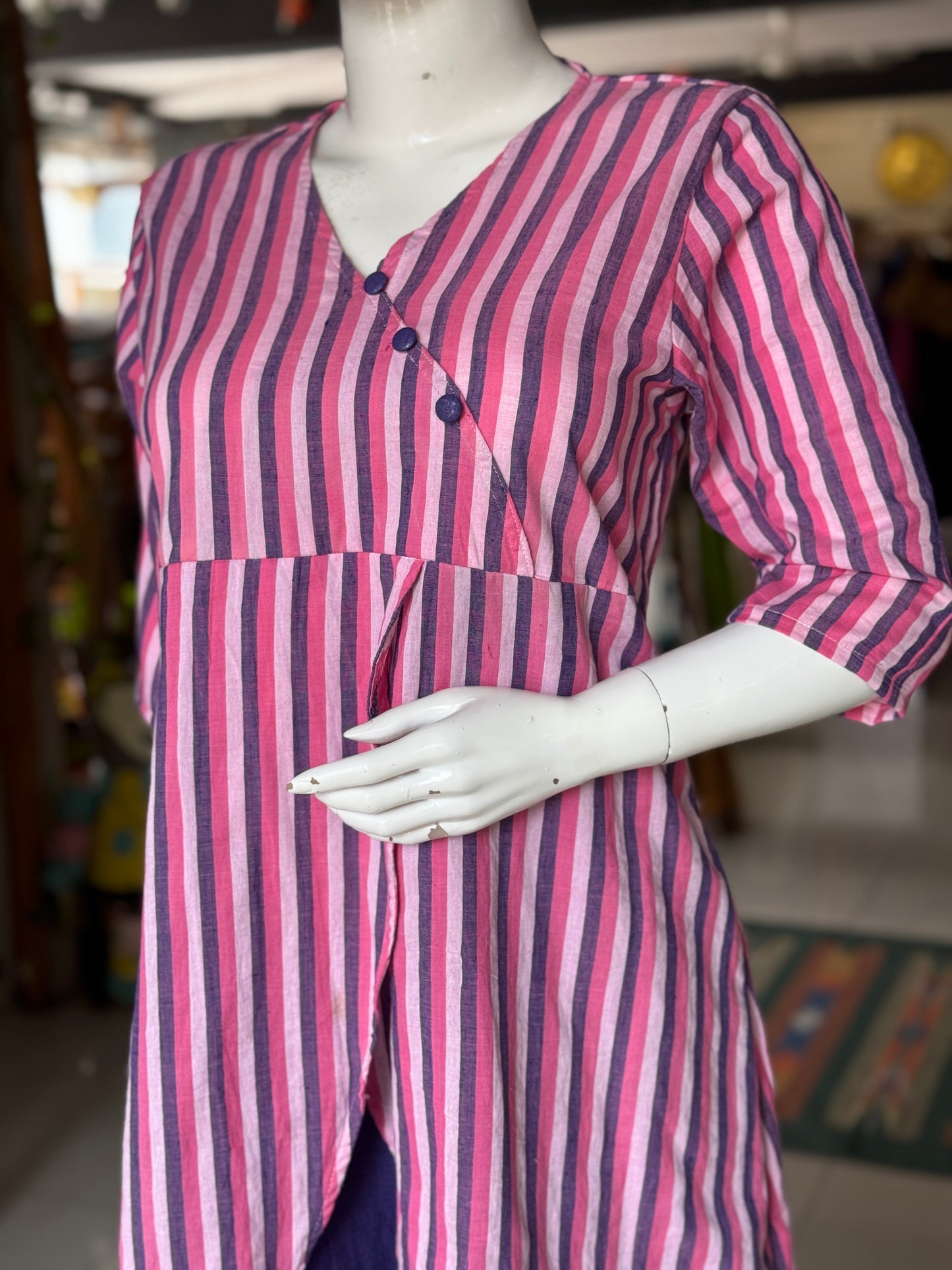 Pink and violet stripes, hand woven, cotton dress with layered look