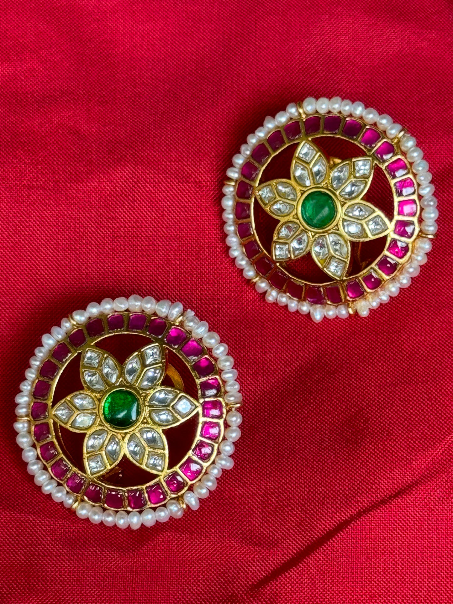 Big round earrings - white and pink circles, flower at center - Gold polish 92.5 sterling silver