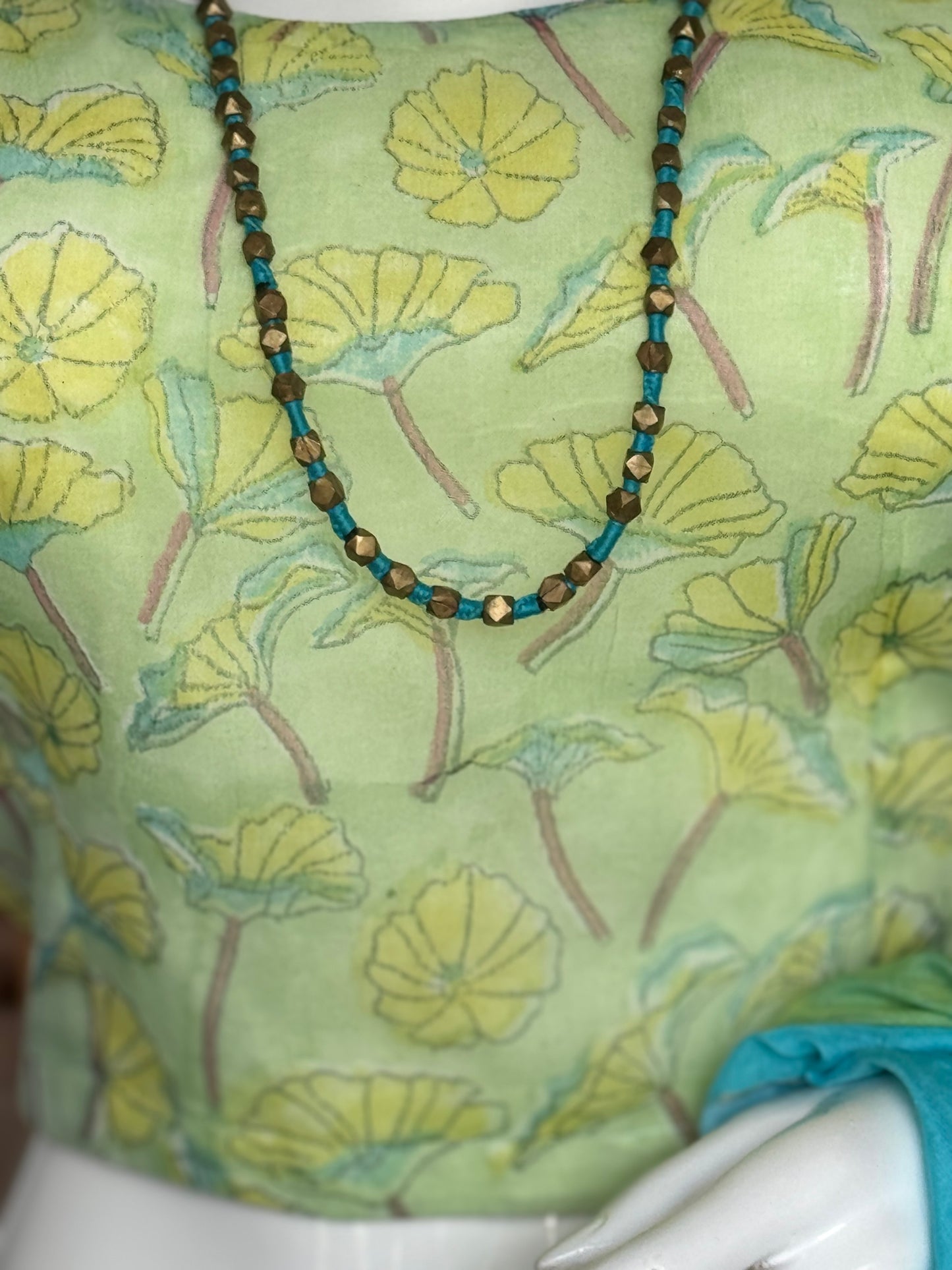 Green chiffon floral hand block printed tie up straps blouse