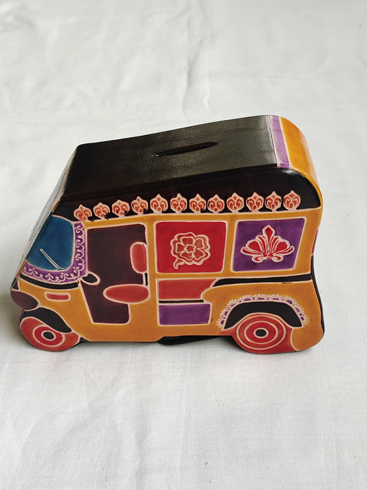 Leather handcrafted money bank - embossed and painted - multiple designs available