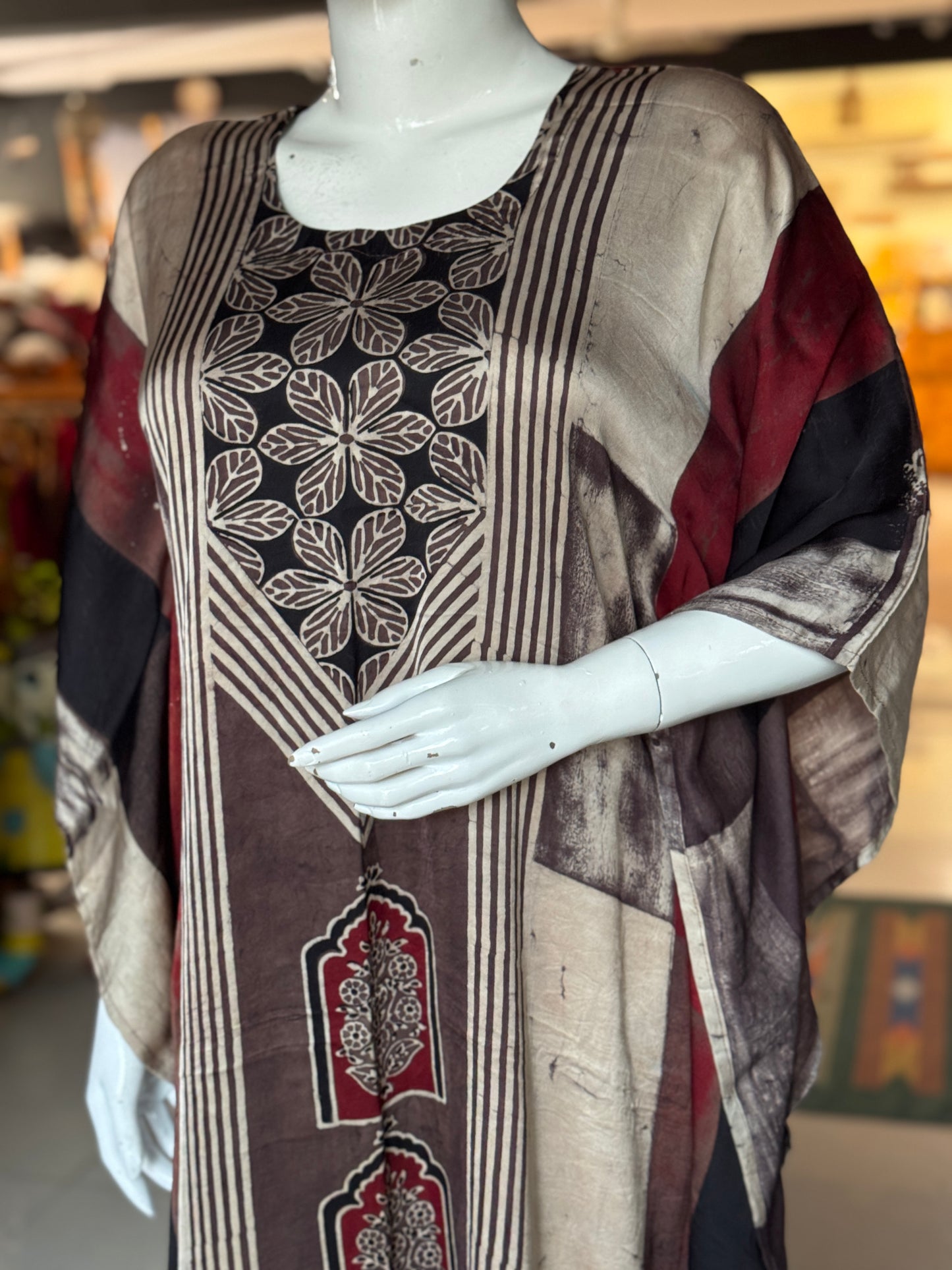 Beige n maroon stripes modal hand block printed, natural dyed Ajrakh kaftan