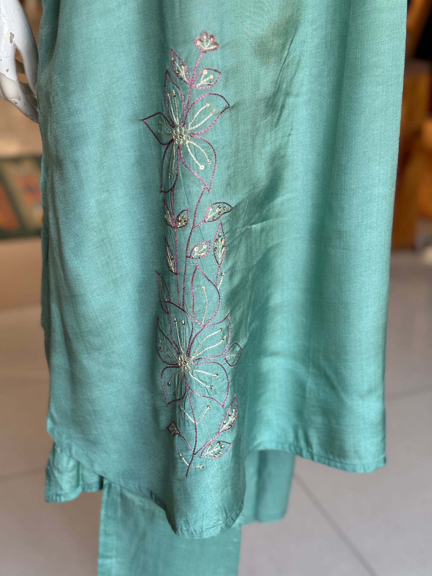 Sea green Co-ord set in hand embroidered muslin -  kurti, pants set