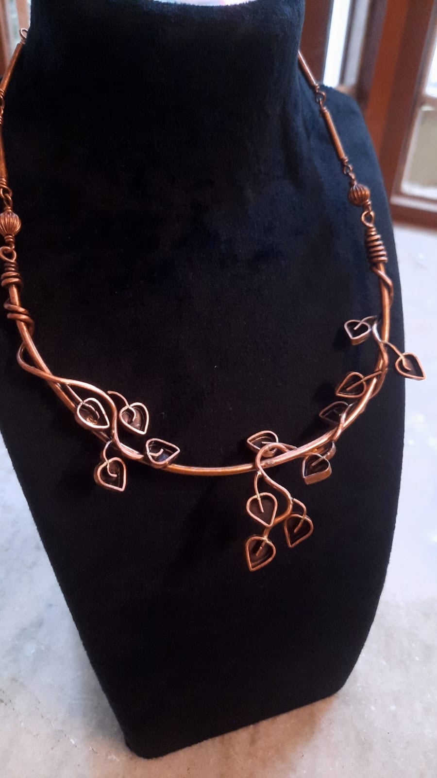 Small leaves on a climber copper handcrafted necklace and earrings set