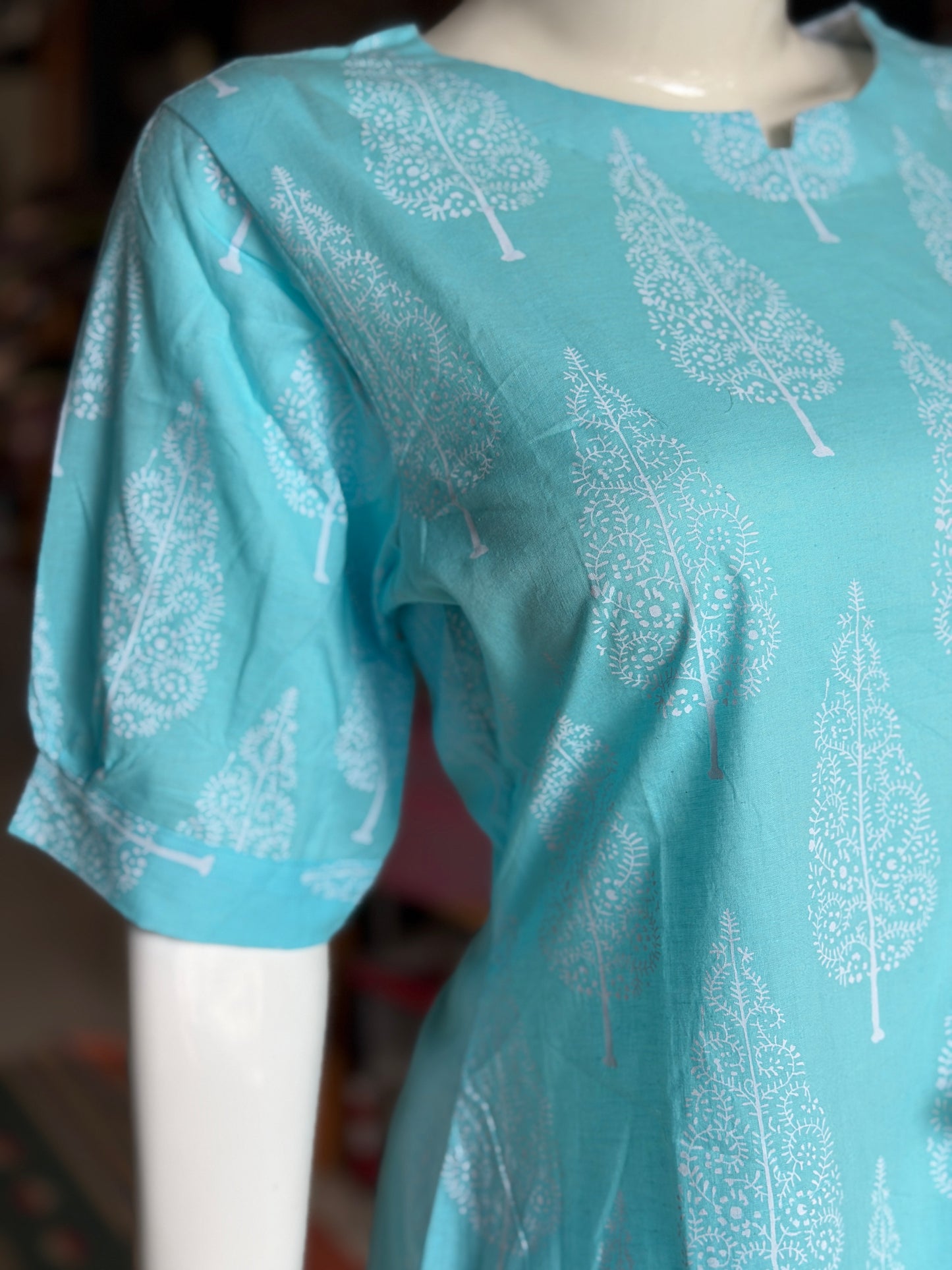 Blue cypress print cotton kurti paired with a matching dots print barrel pants - 2 piece set