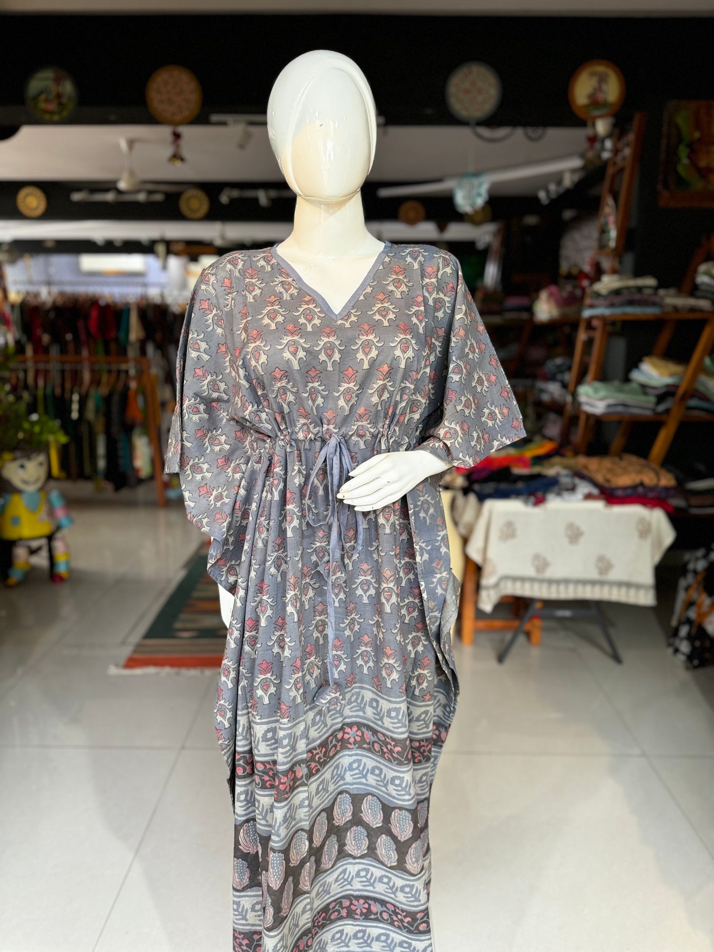 Hand block printed cotton long kaftan nighty