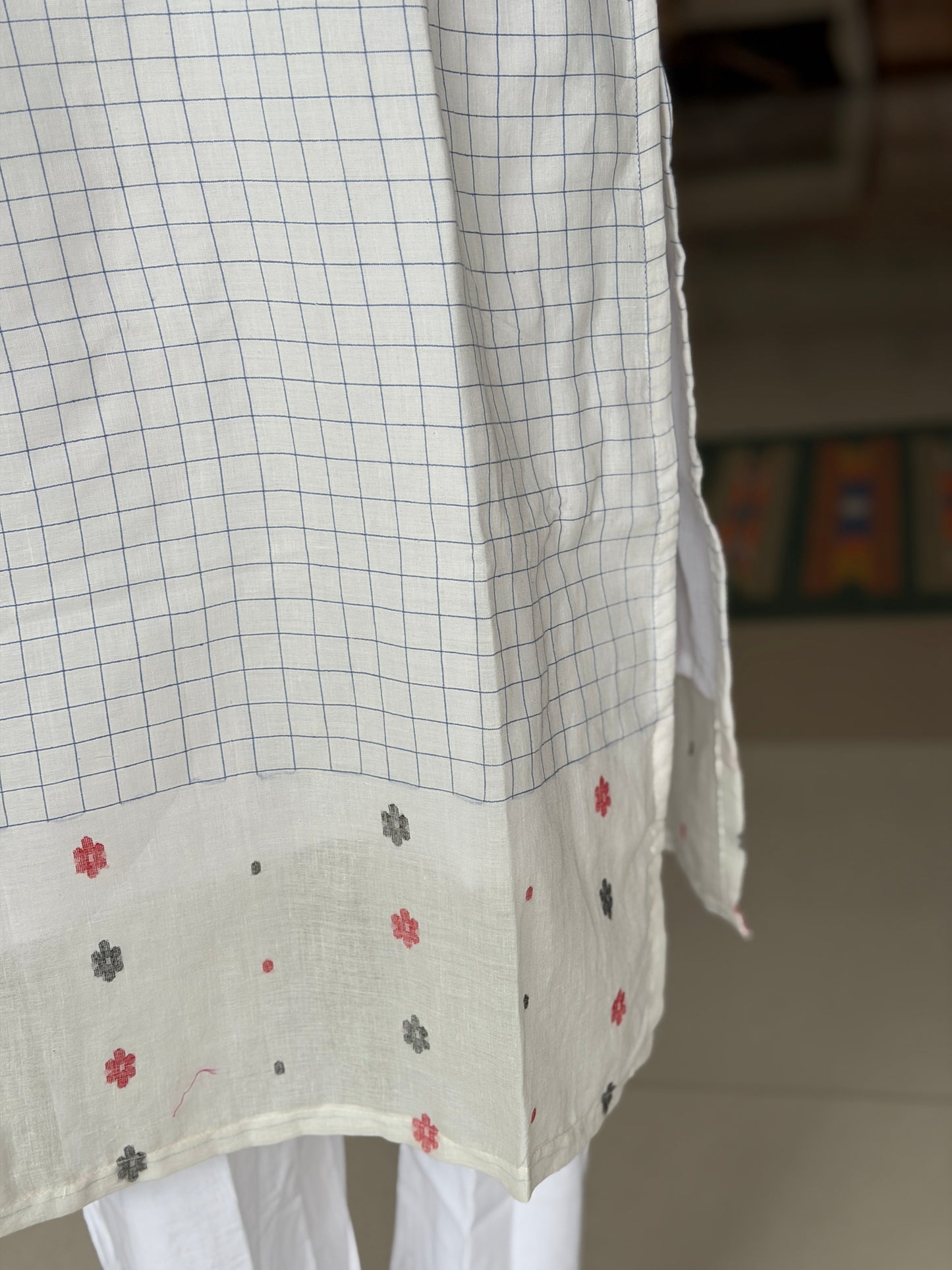 White n blue checks soft cotton handloom Jamdani kurti
