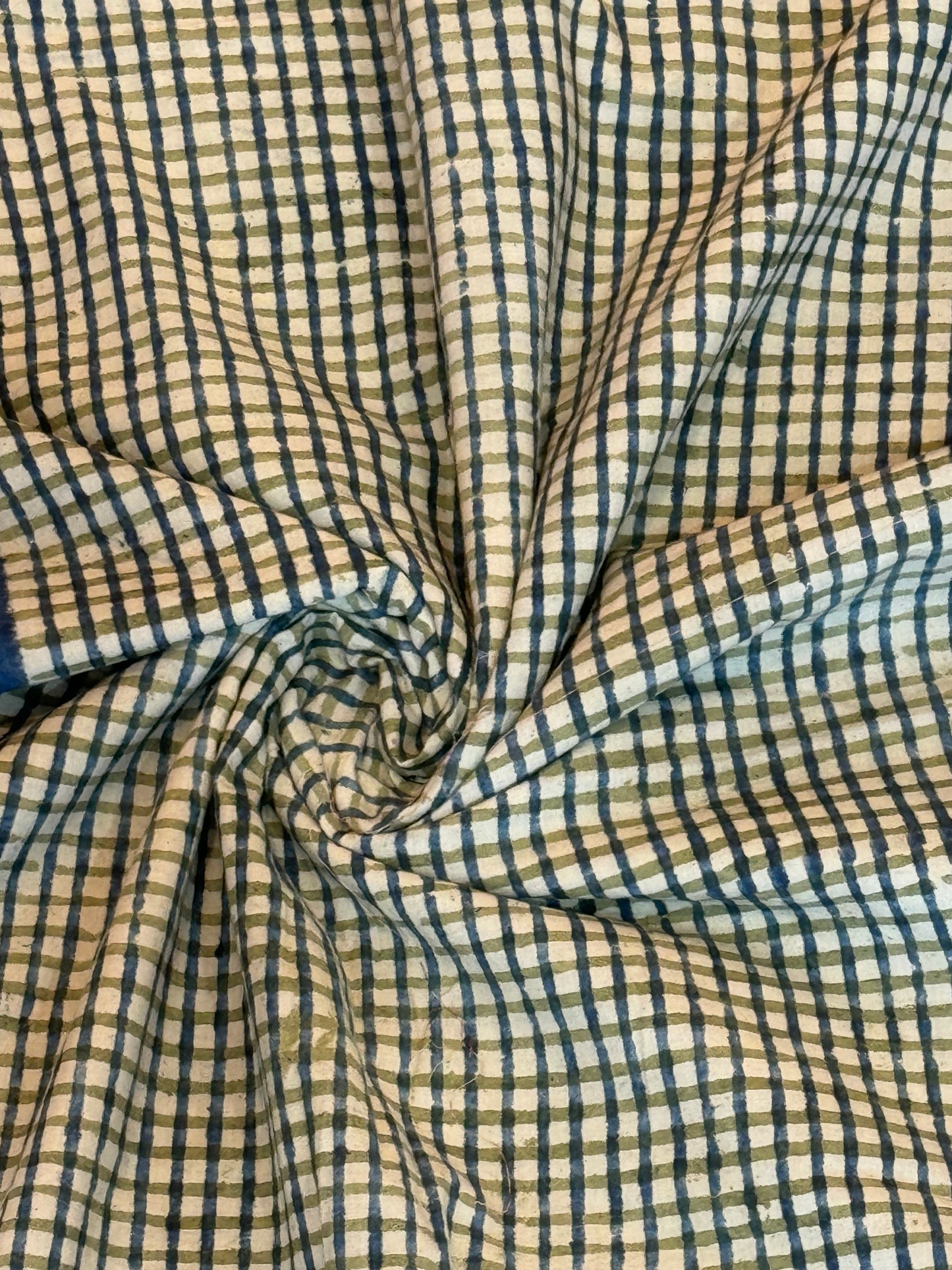 Checks and stripes pattern hand block printed natural dyed designer cotton fabric - 45 inches wide panna