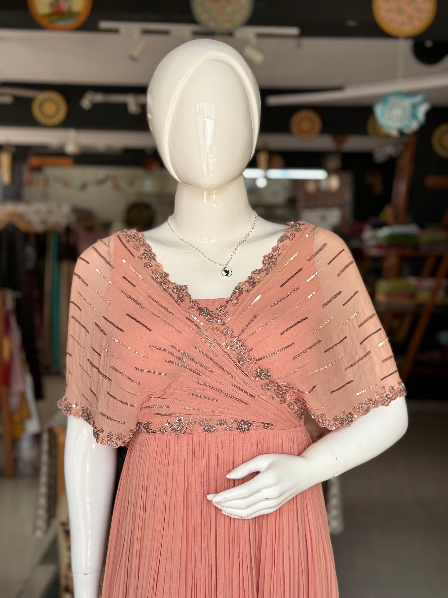 Peach hand embroidered georgette long dress