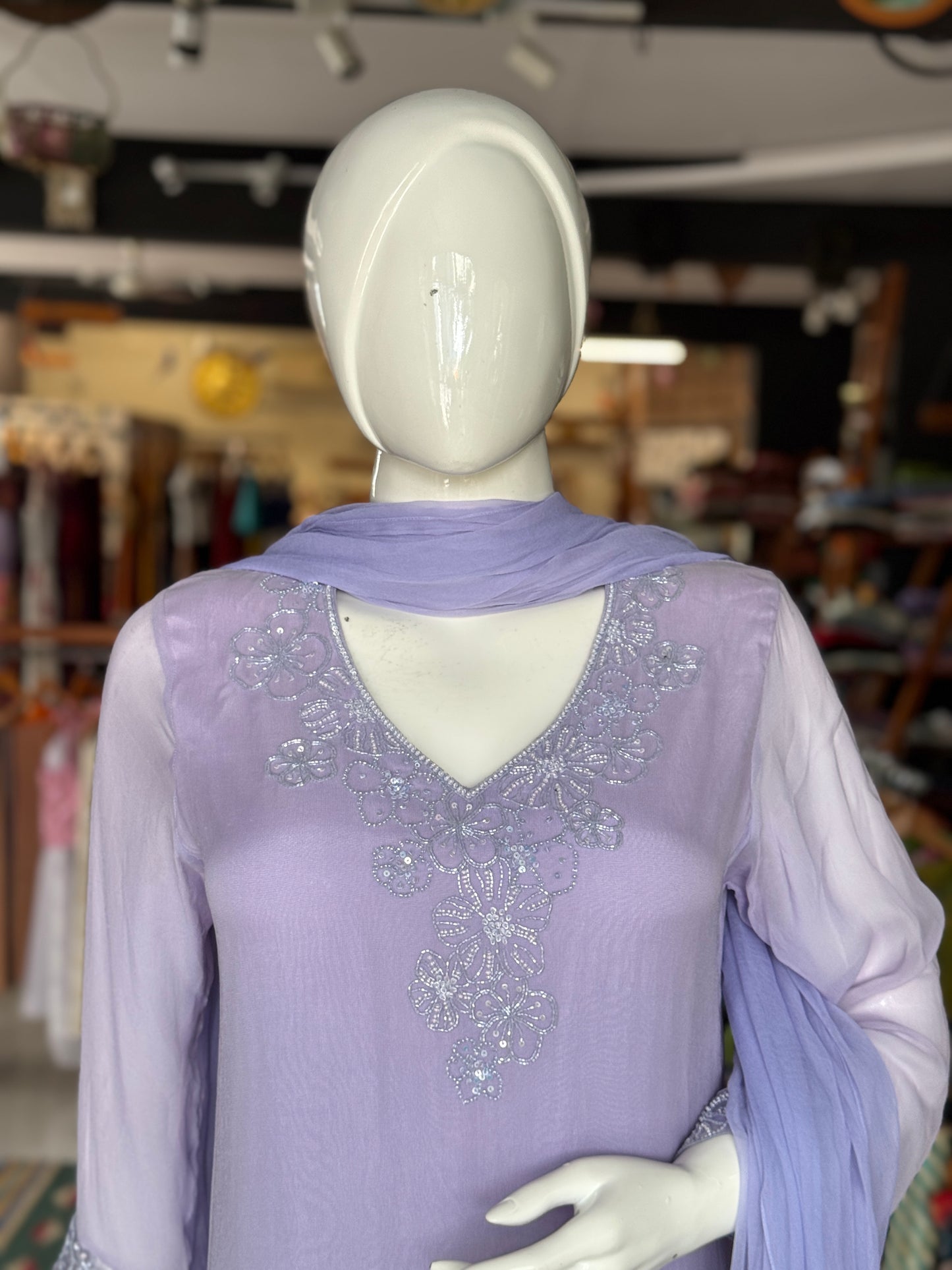 Soft georgette hand embroidered long sleeves kurti, georgette plazo and dupatta - 3 piece set - color options available