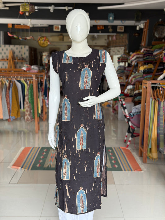 Black jharokha Ajrakh hand block printed cotton sleeveless straight kurti