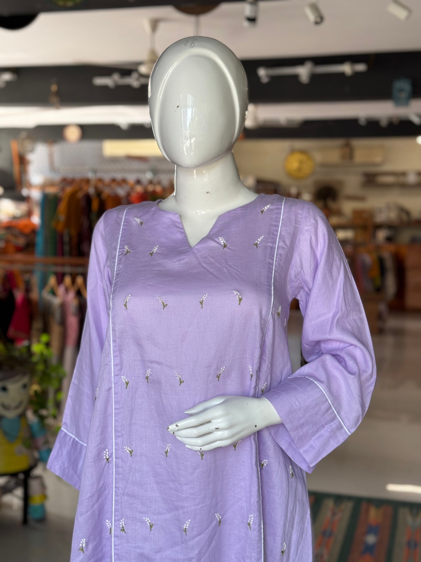 Lavender hand embroidered cotton a-line kurta n pants - 2 piece coord set