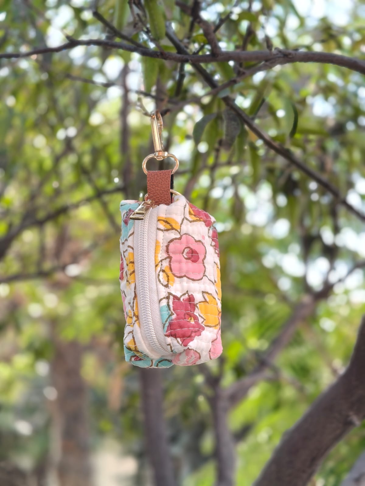 Coin pouch in soft quilted hand block printed cotton with zipper closure and hanging loop - multiple designs available