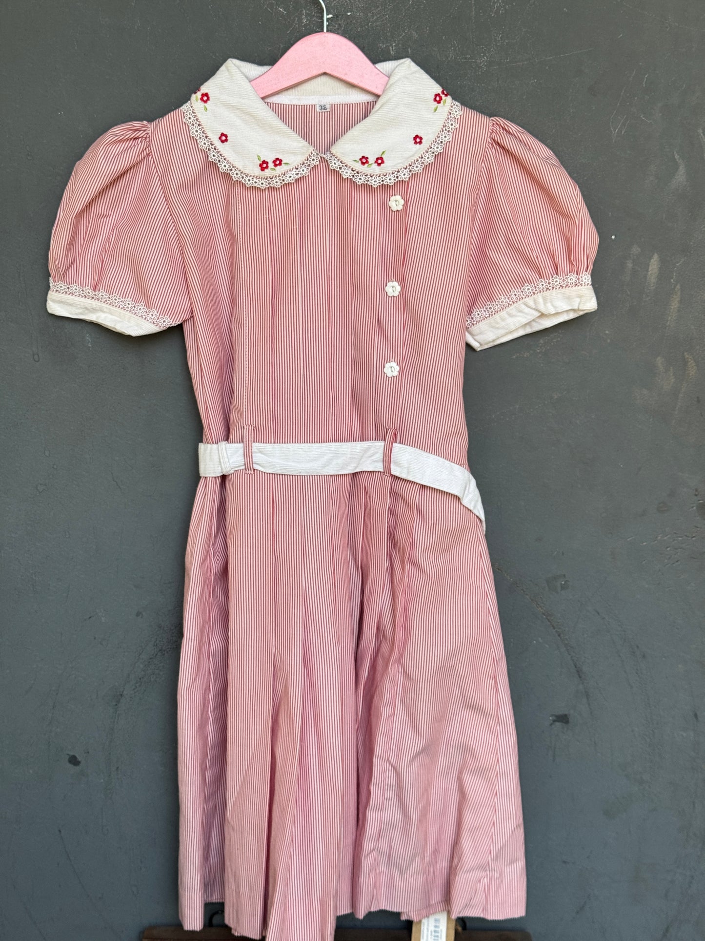 Red white stripes cotton embroidered frock with corduroy belt and collar