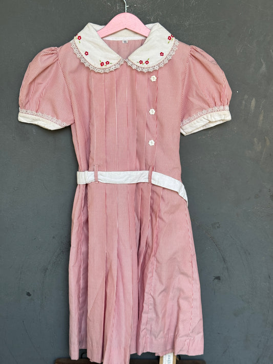 Red white stripes cotton embroidered frock with corduroy belt and collar