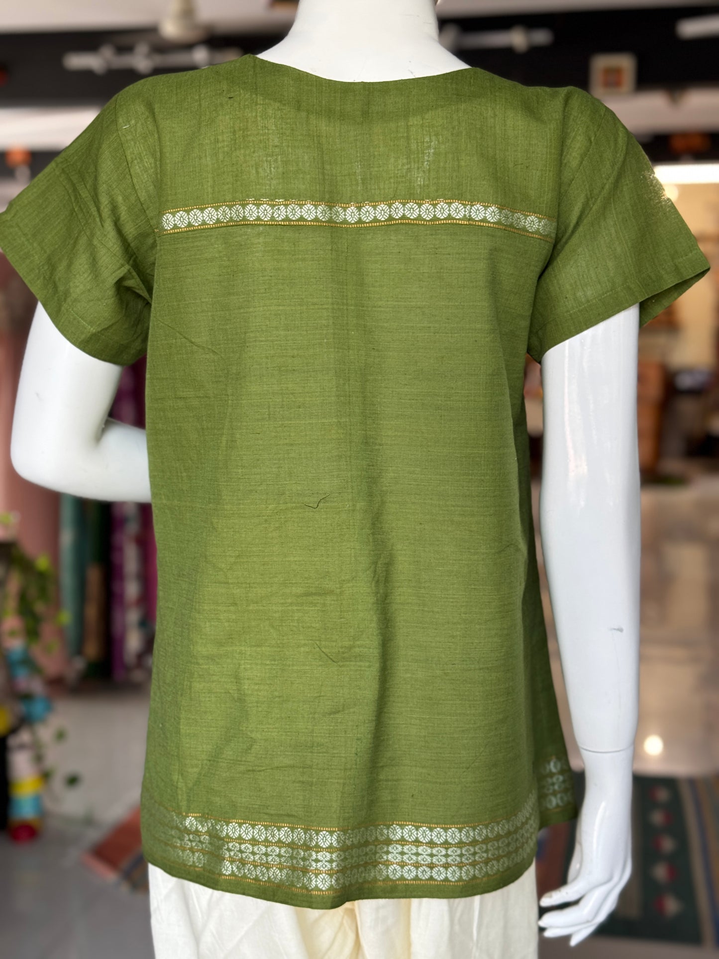 Green birds and tree hand painted, handwoven cotton top